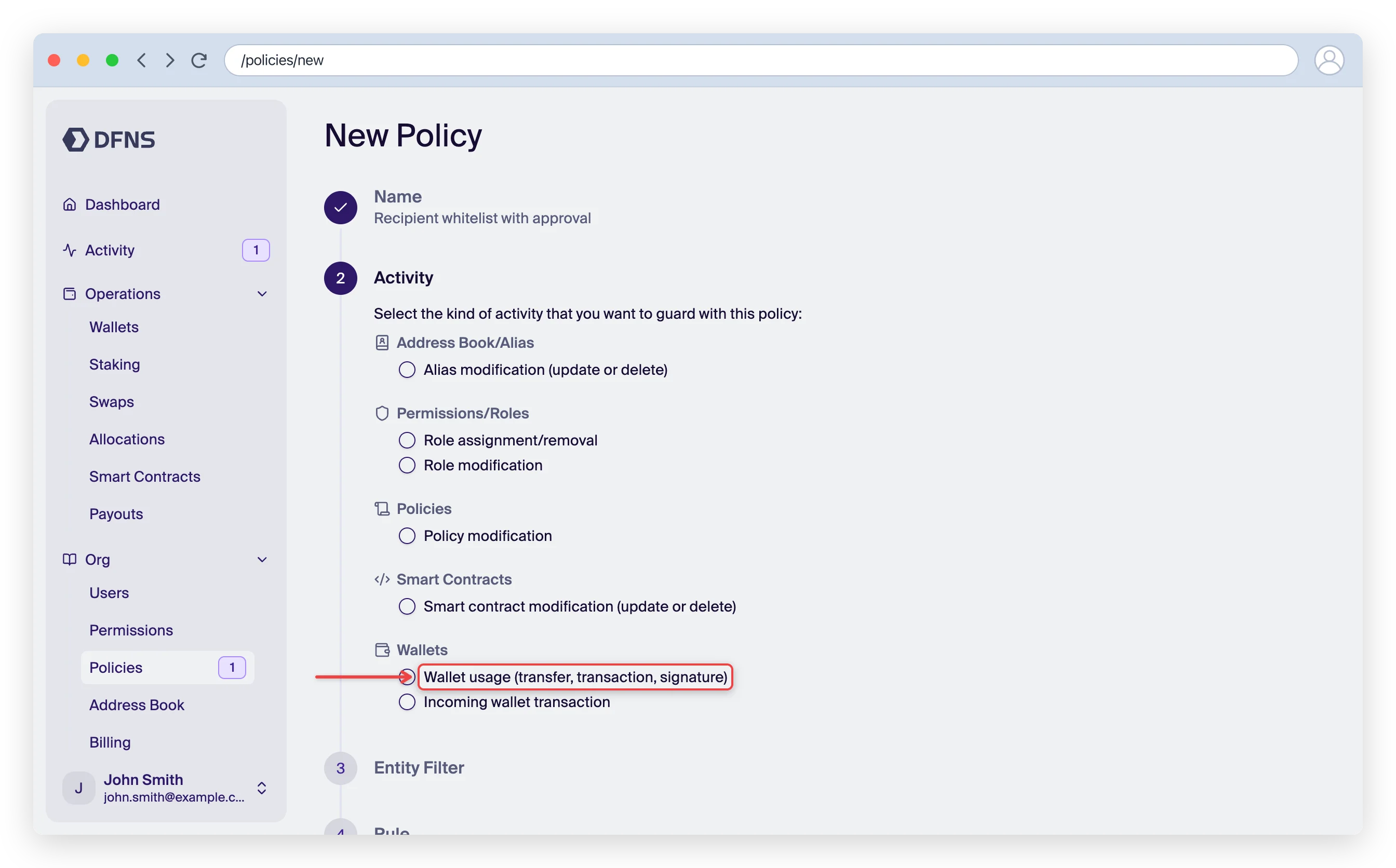 Policy wizard Activity step with Wallet usage highlighted