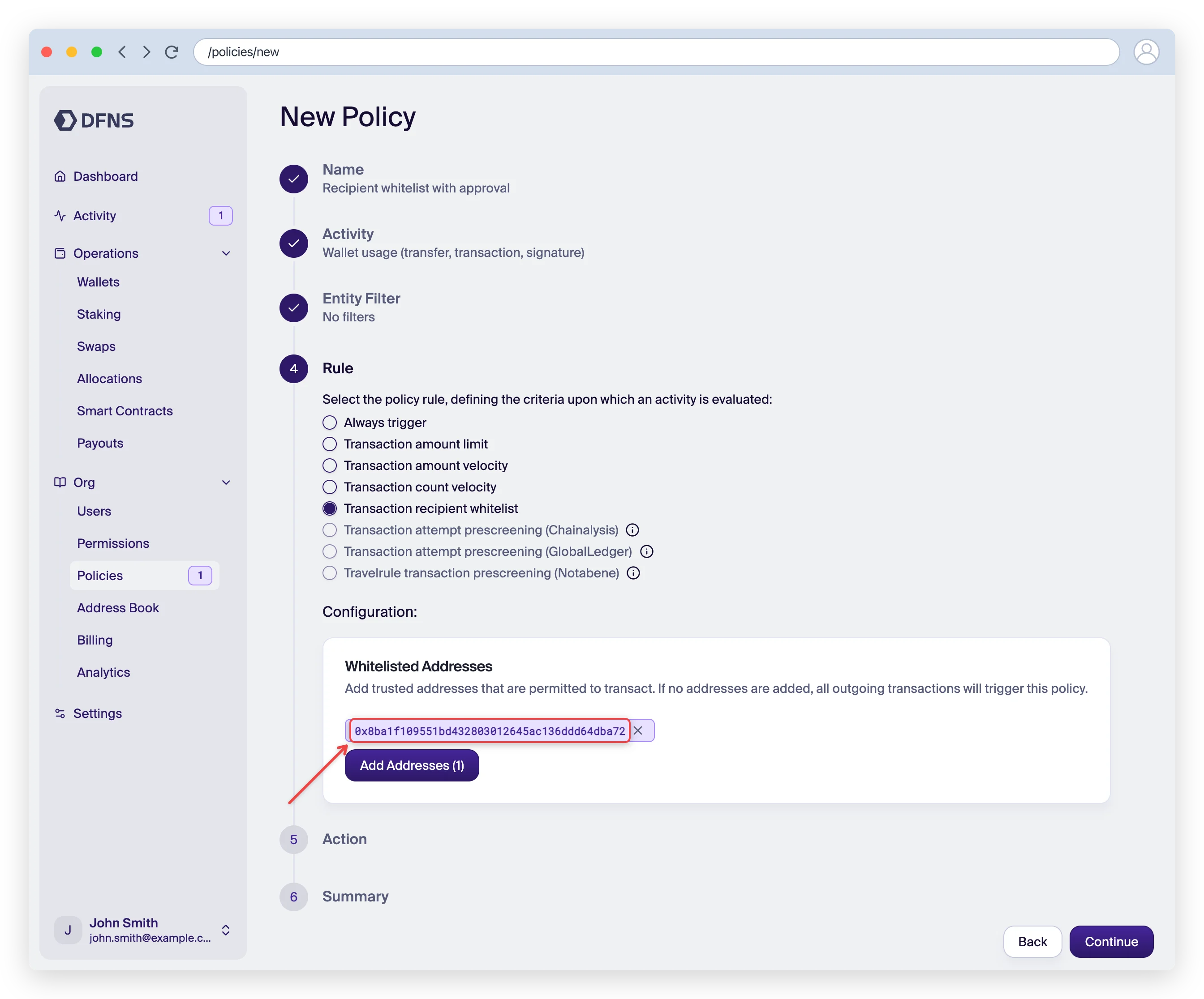 Policy wizard Rule step with a whitelisted address configured