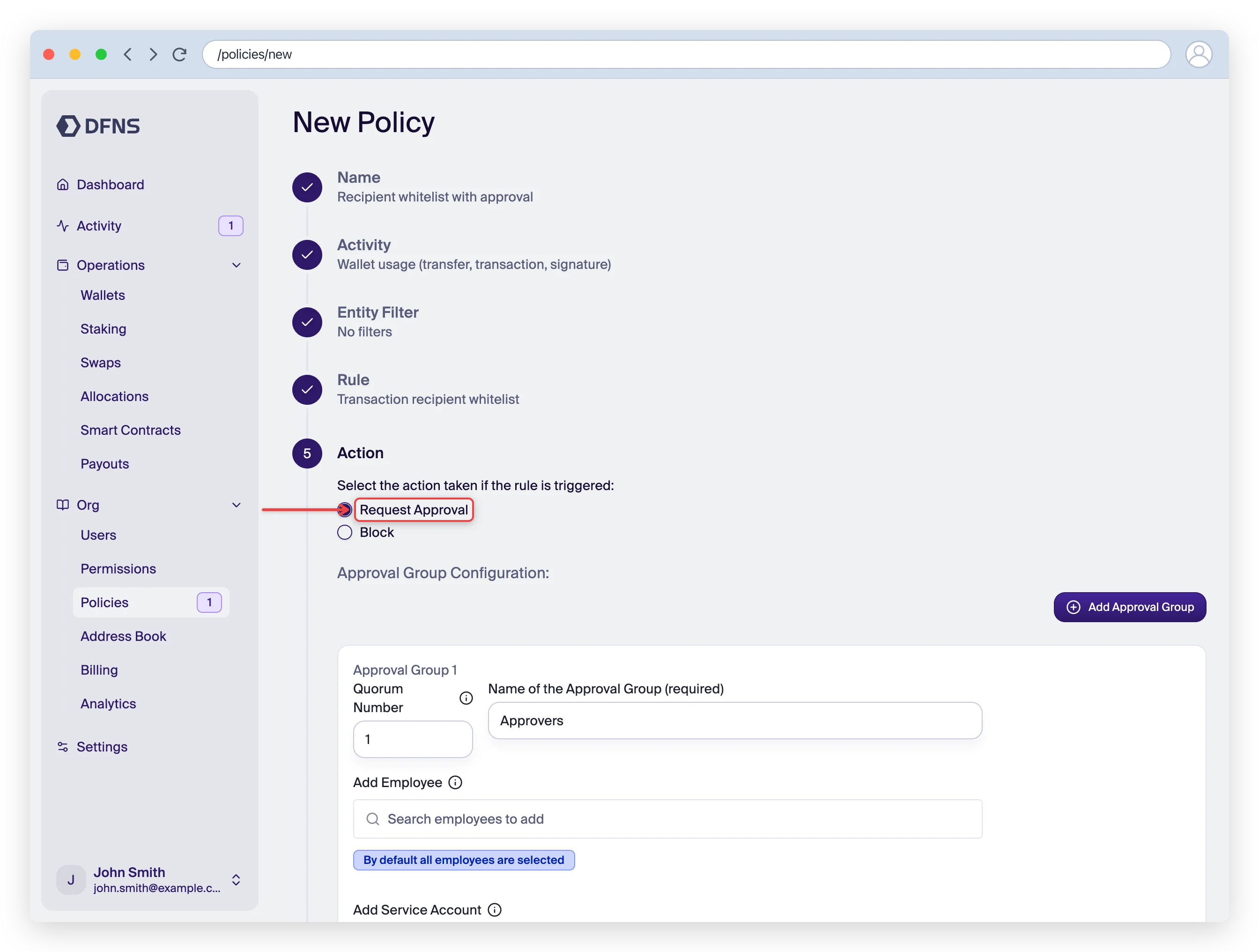 Policy wizard Action step with Request Approval and an approval group