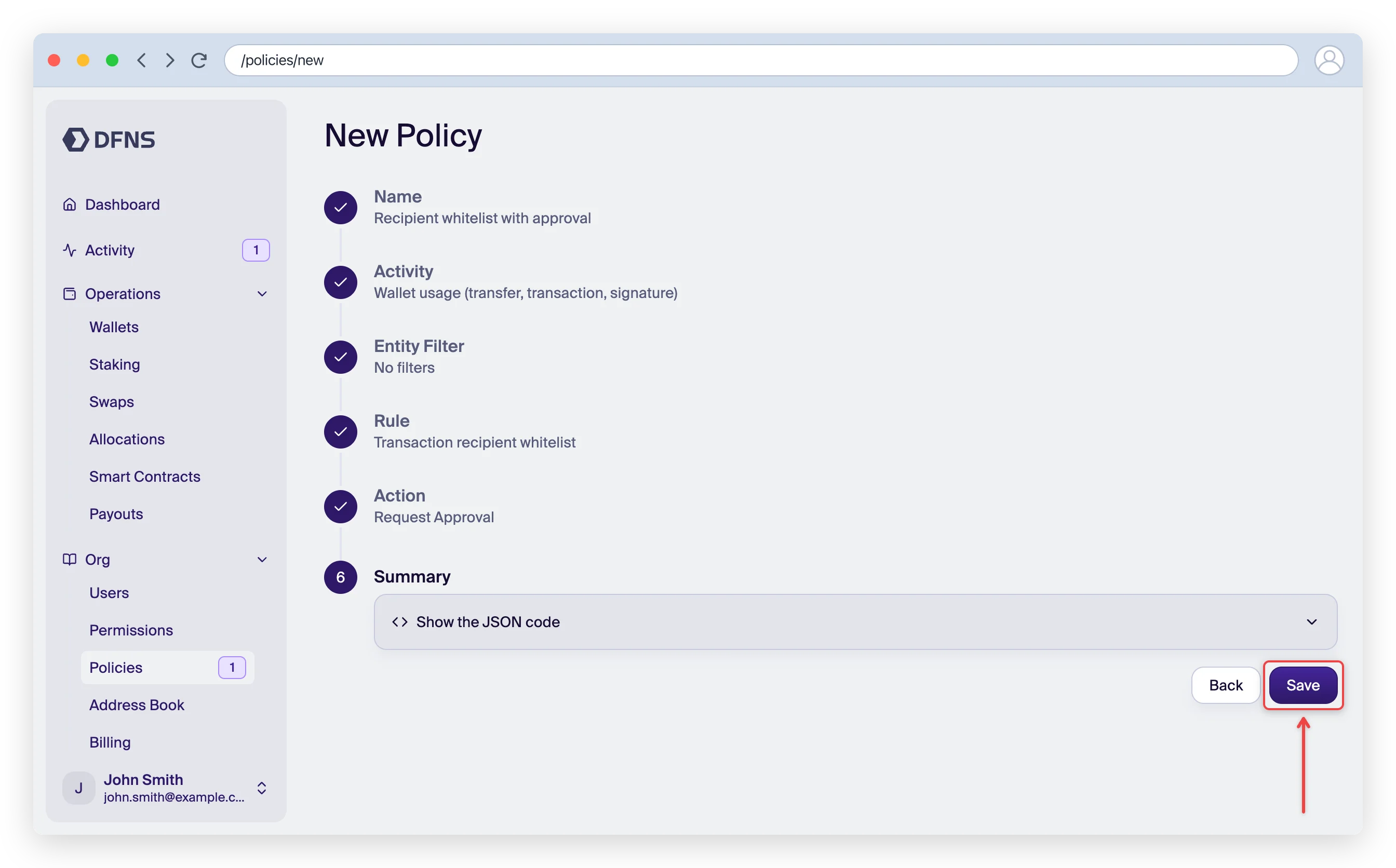 Policy wizard Summary step with the Save button highlighted
