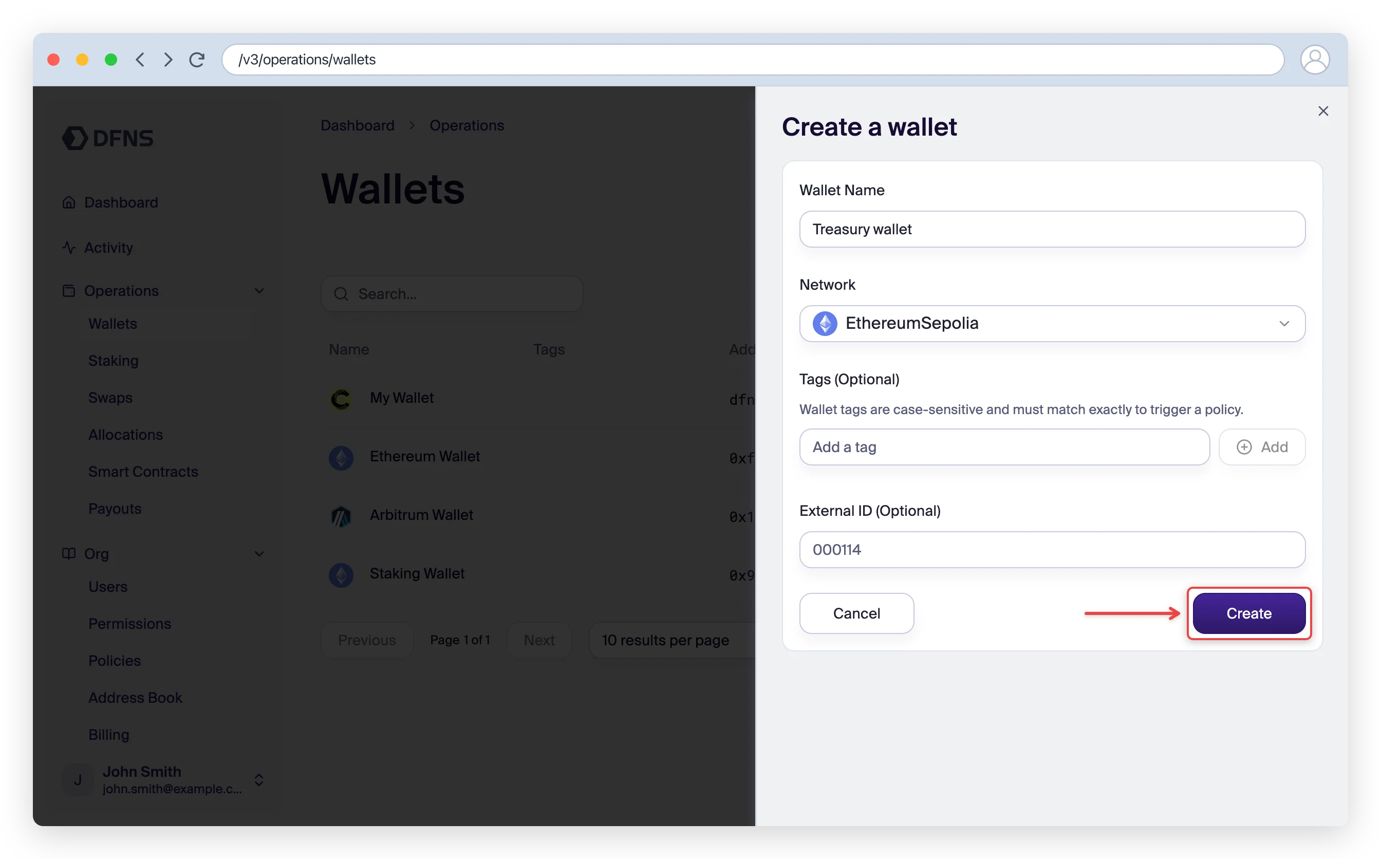 Create a wallet panel with name, network, tags and the Create button