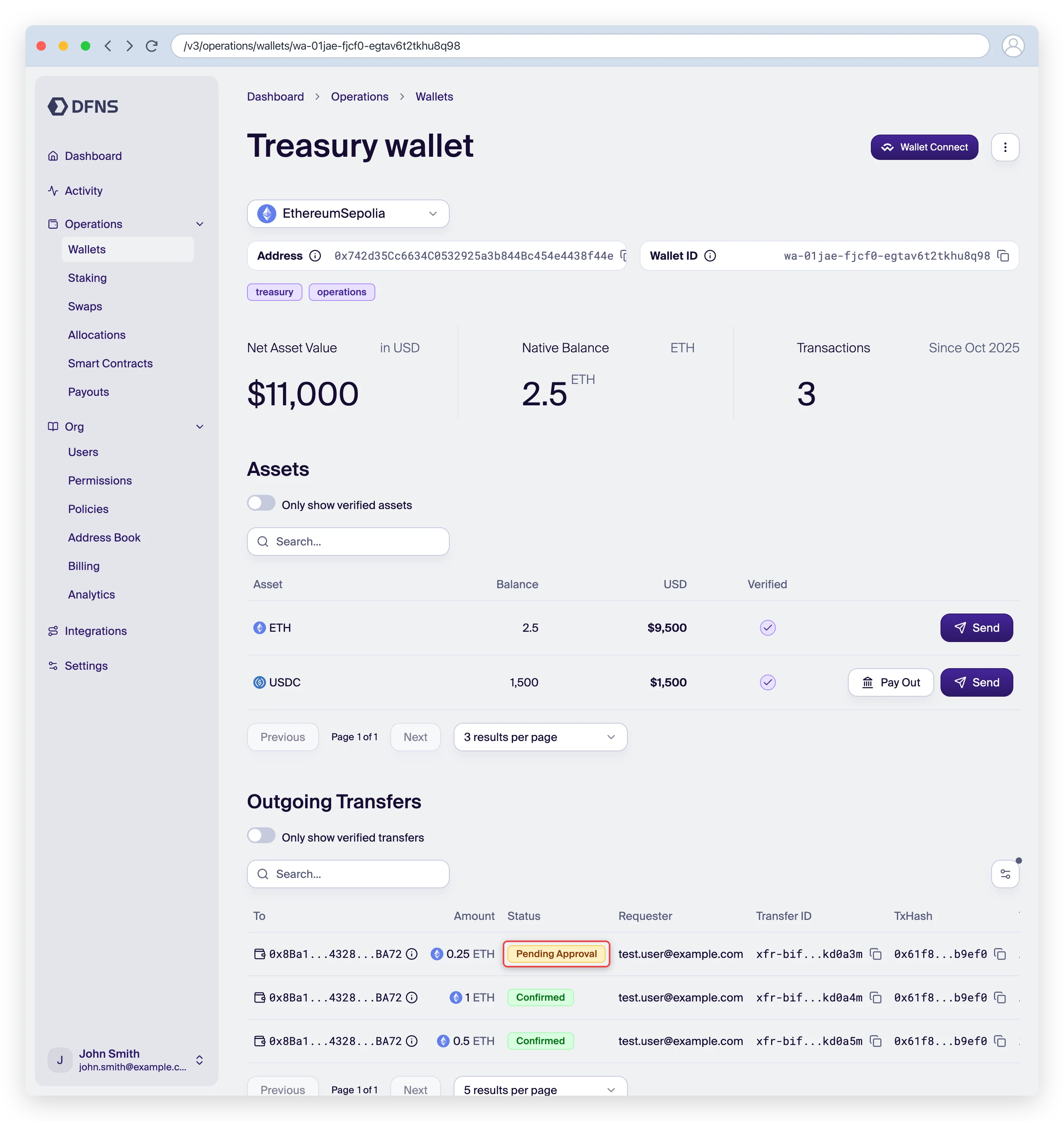 Wallet detail page showing assets, balances and transfers