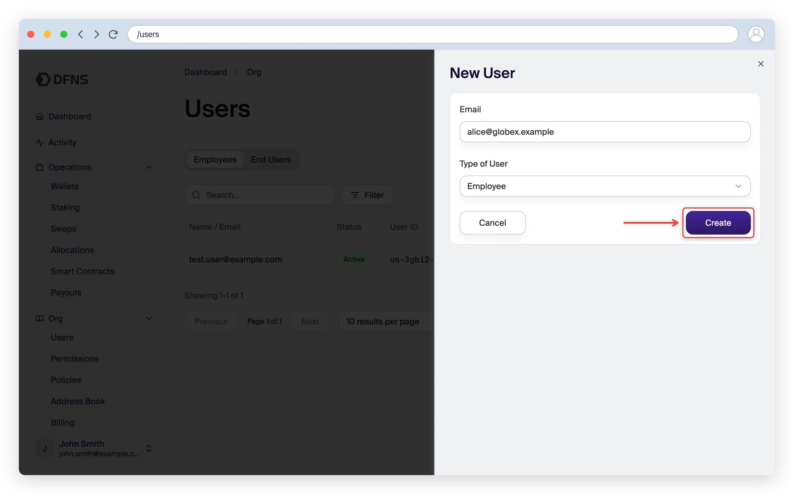 New User invite form with the email field and Create button