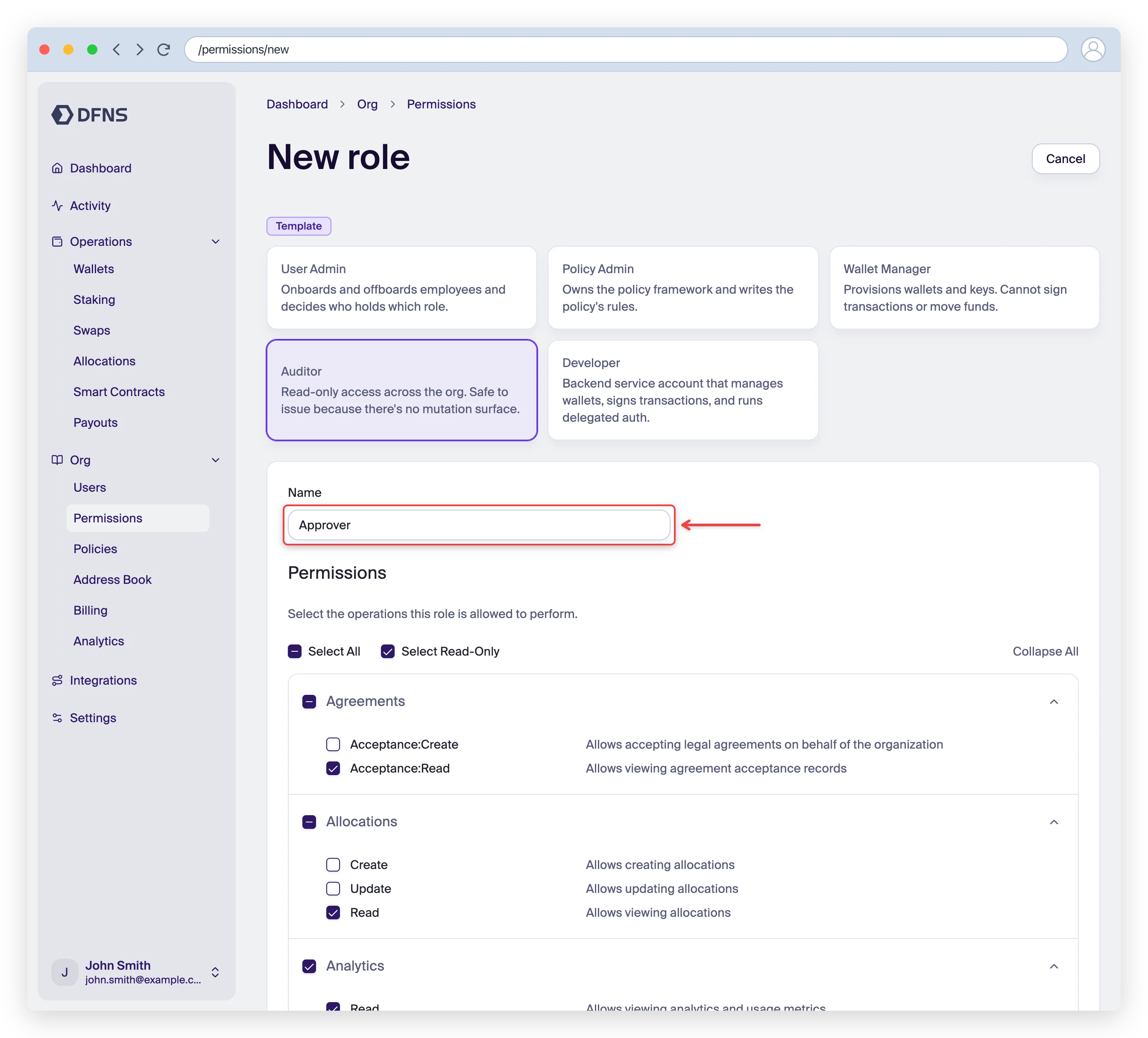 New role form named Approver with read-only permissions selected