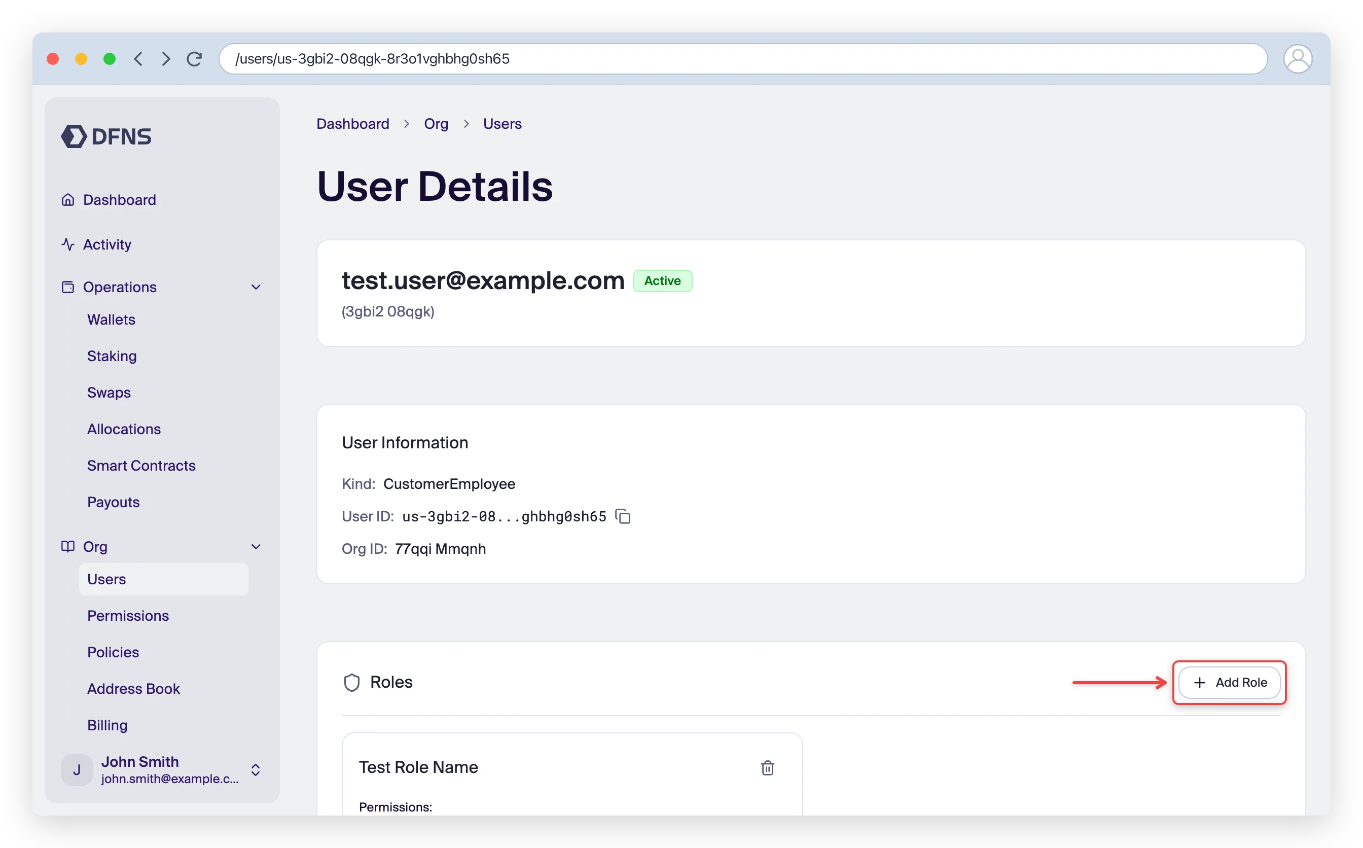 User details page with the Add Role button highlighted