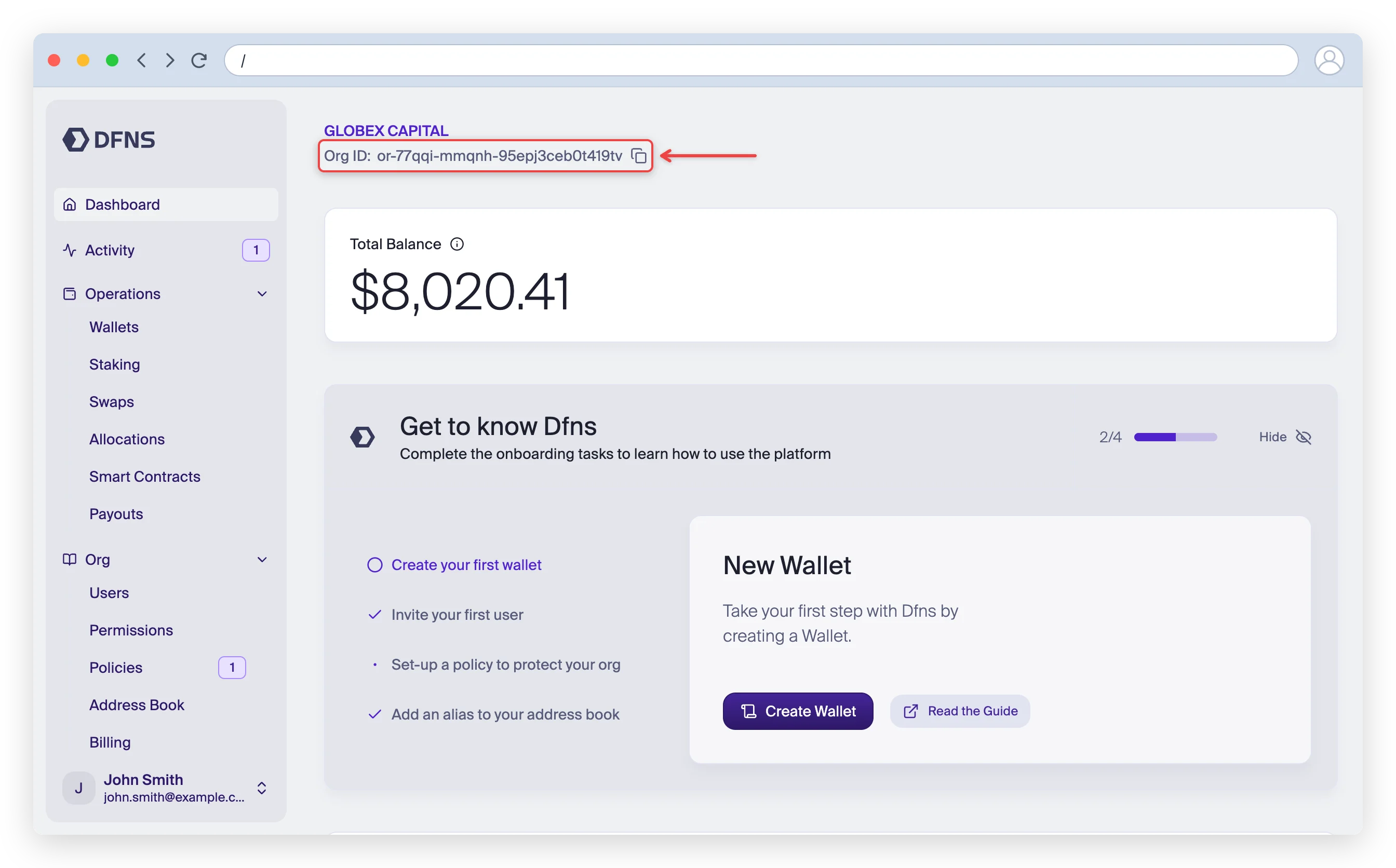Dashboard homepage with the organization ID highlighted under the organization name