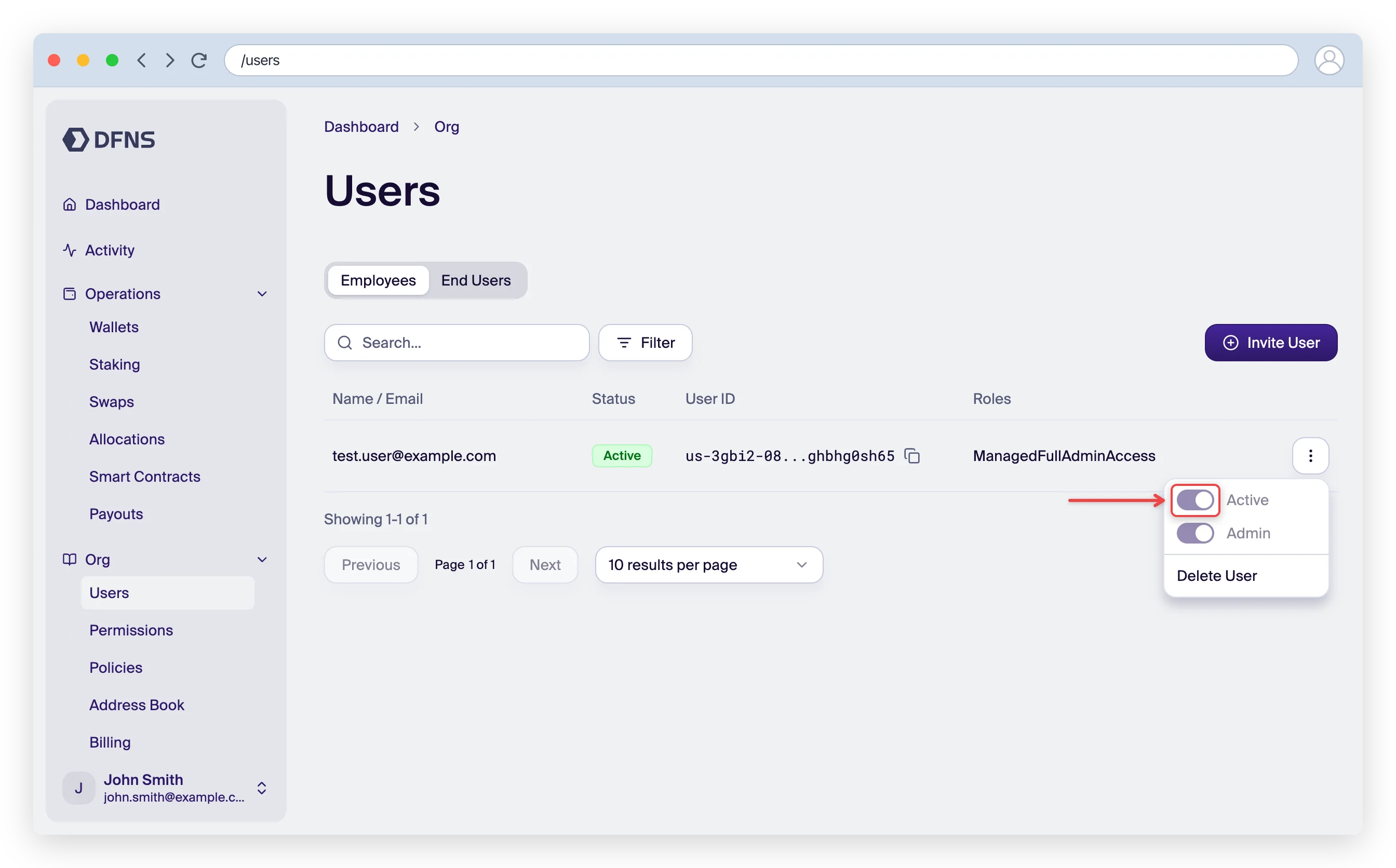 User action menu with the Active toggle highlighted