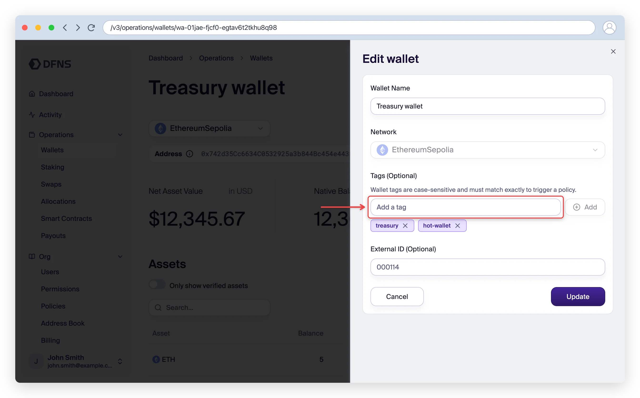 Edit wallet panel with the name and tags fields