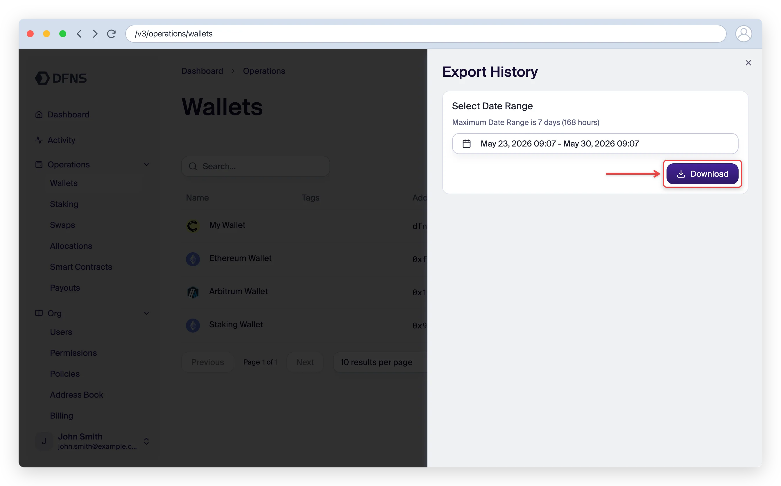 Export History panel with a date range and the Download button