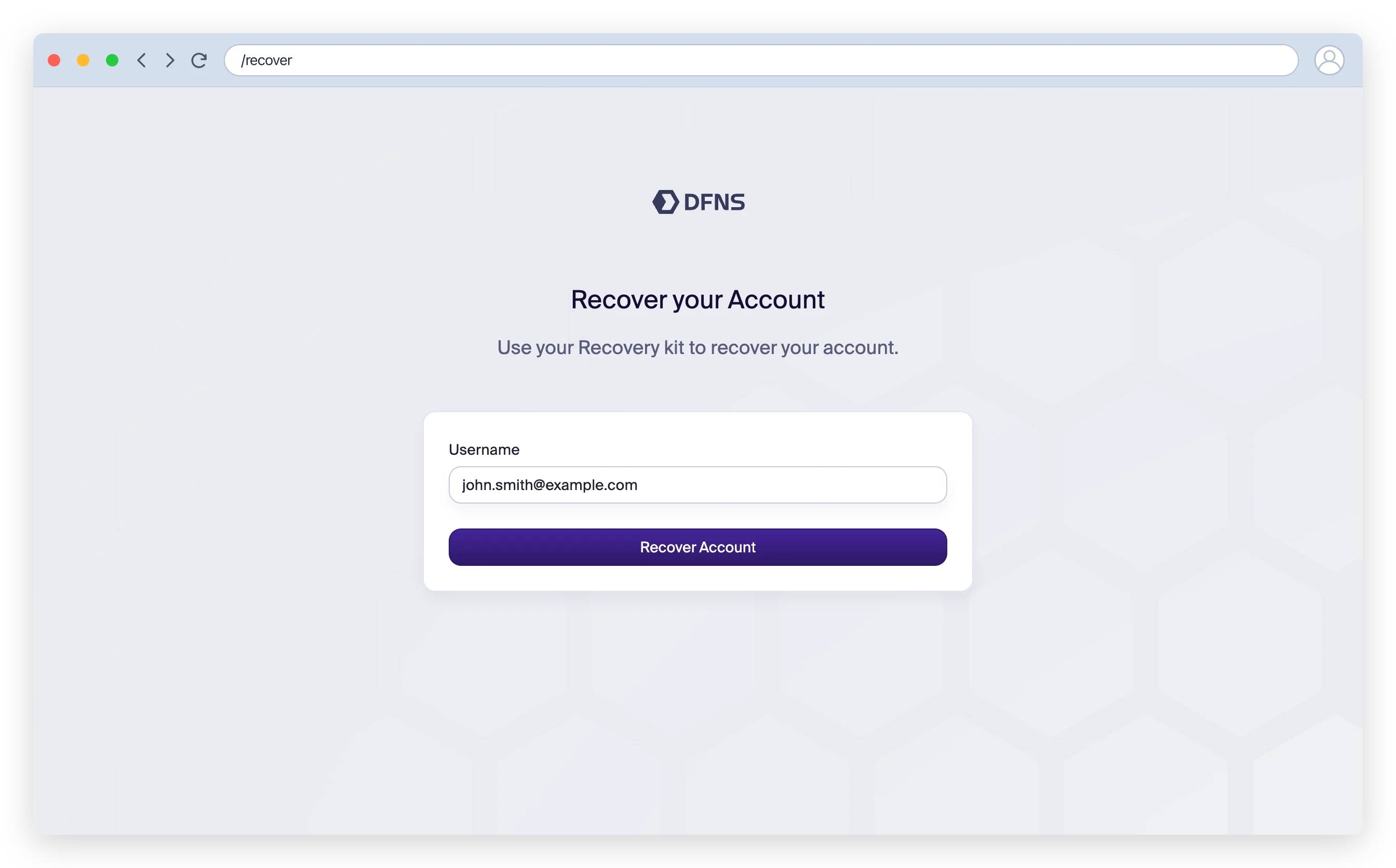 Recover your account page with the username field