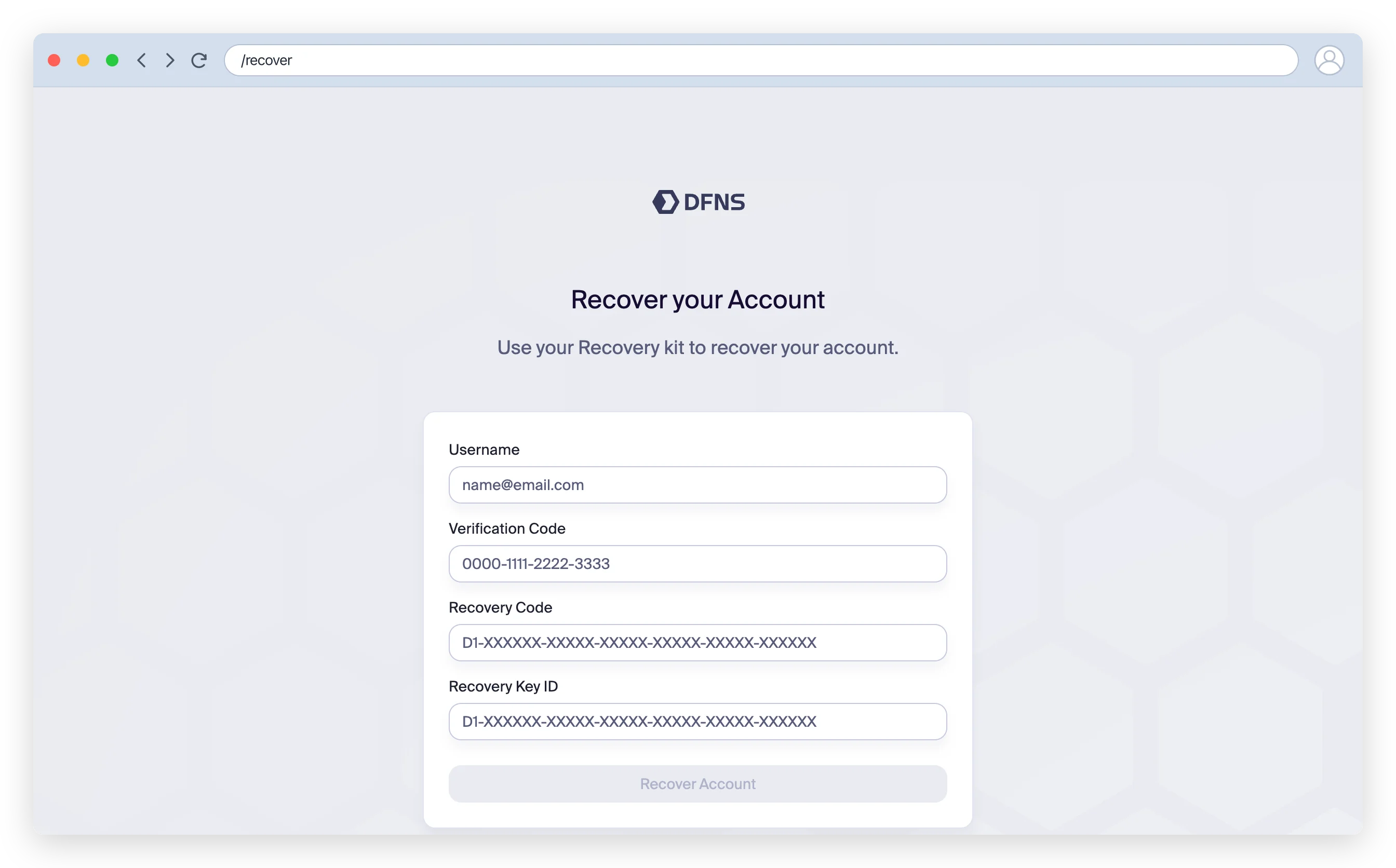 Recovery form with verification code, recovery code and recovery key ID fields