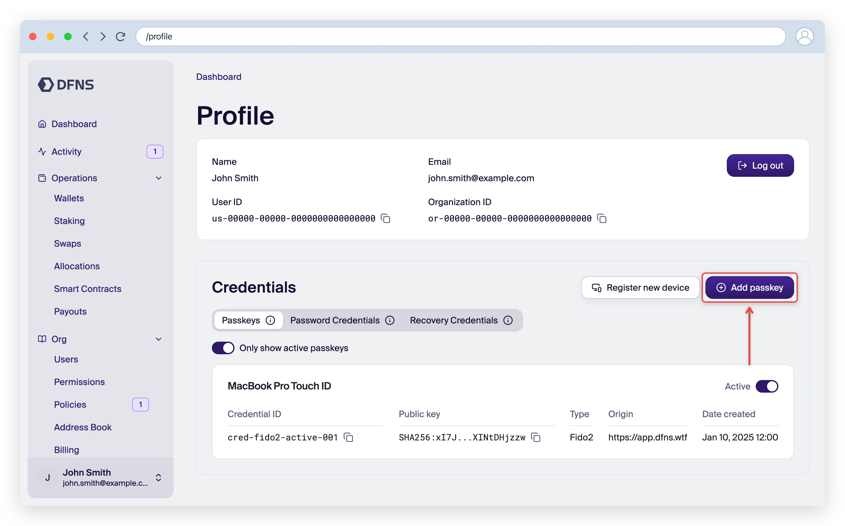 Profile page Passkeys tab listing existing credentials, with the Add passkey button highlighted