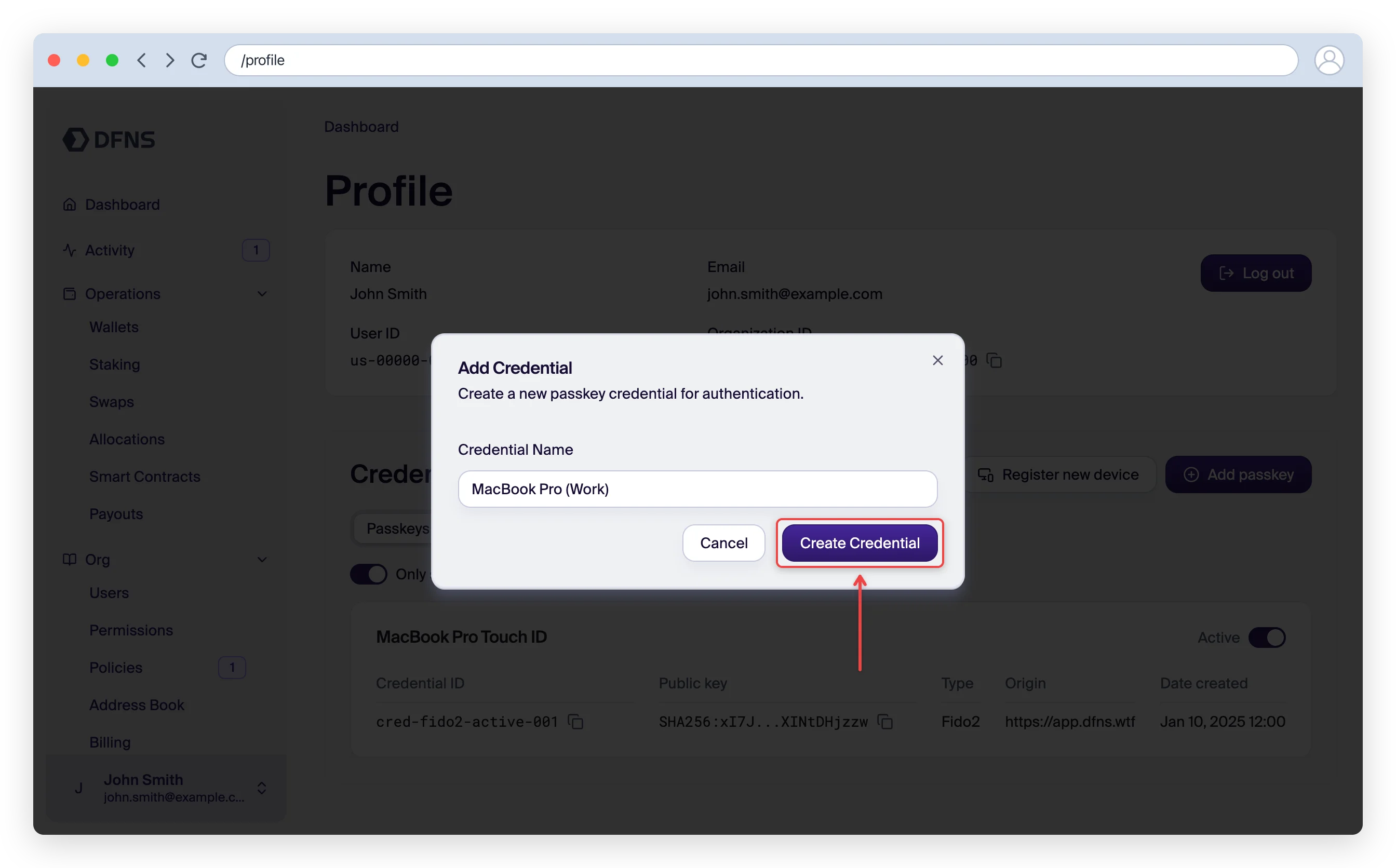 Add Credential dialog with a credential name entered and the Create Credential button highlighted