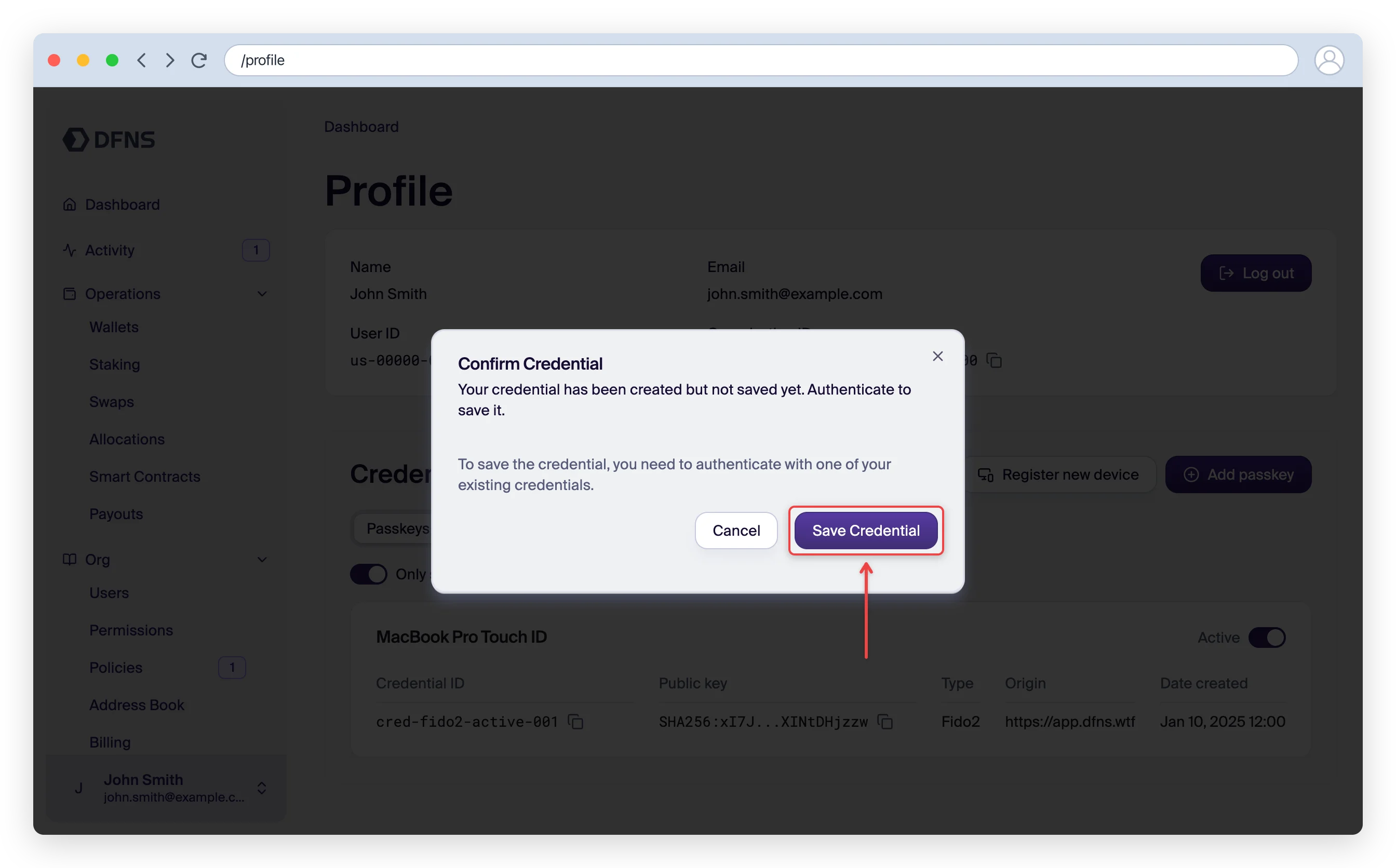 Confirm Credential dialog with the Save Credential button highlighted