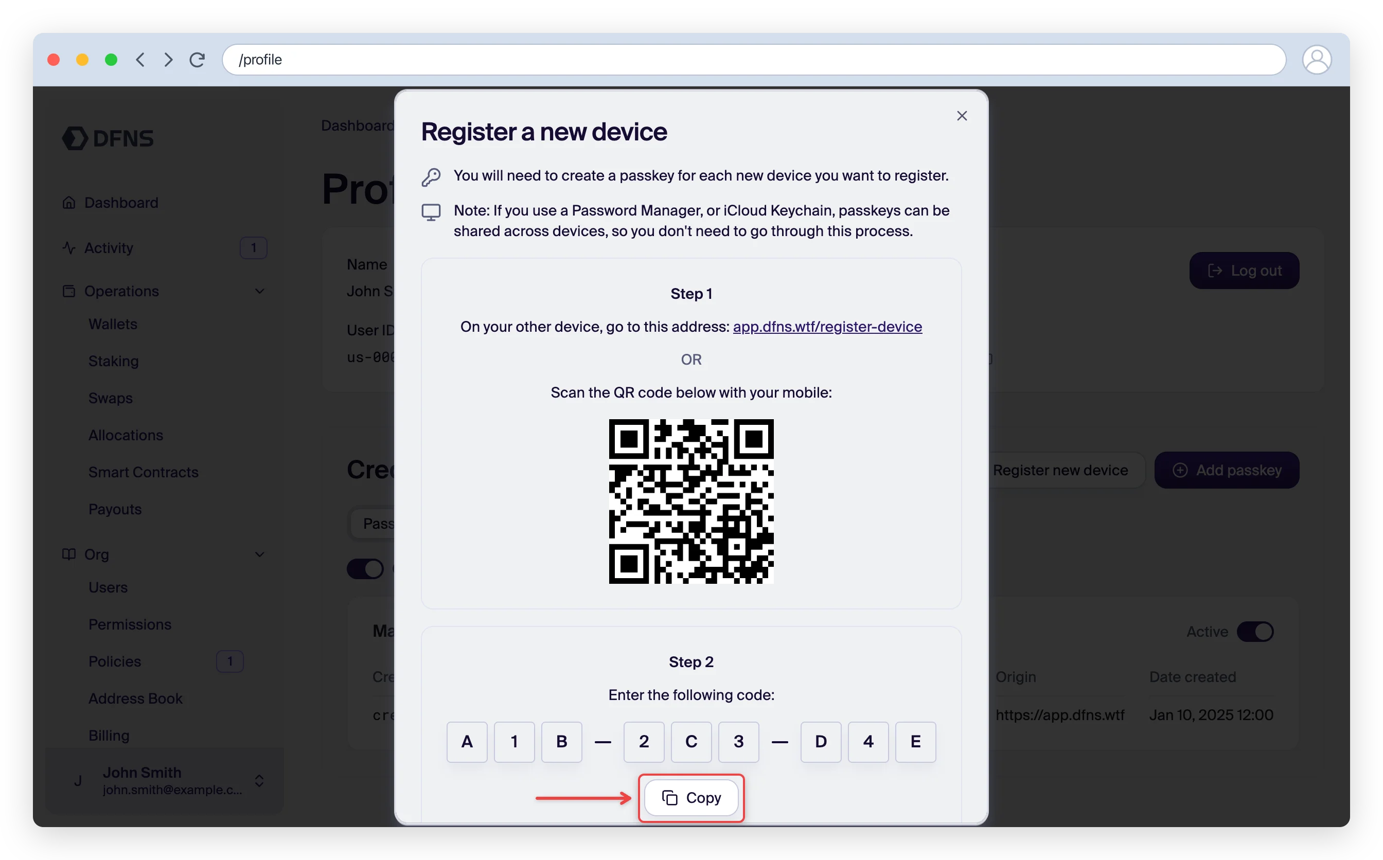 Register a new device dialog showing a QR code and the 9-character credential code