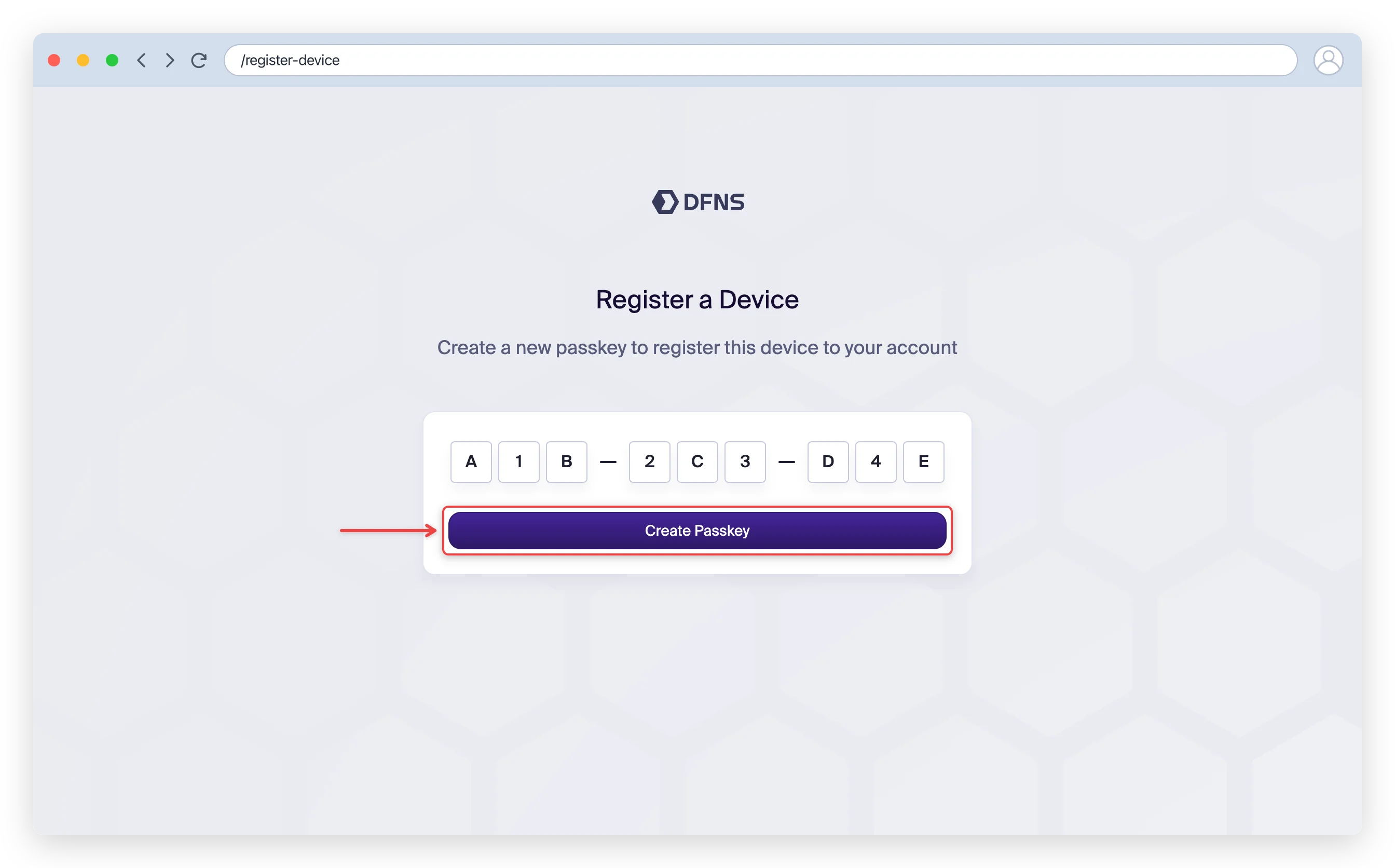 Register a device page with the code entered and the Create Passkey button highlighted