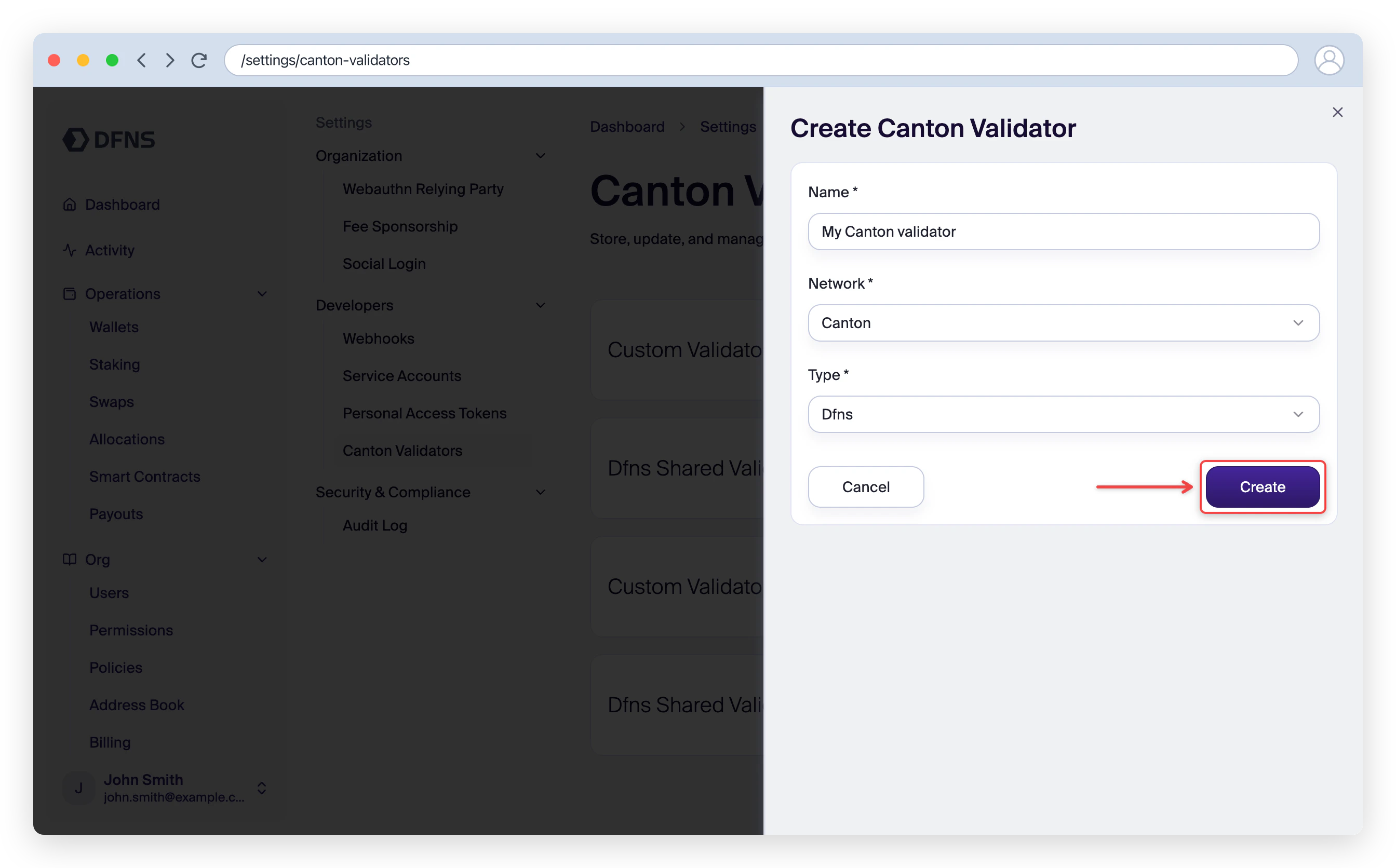 Create Canton Validator form with the Dfns (shared) type selected