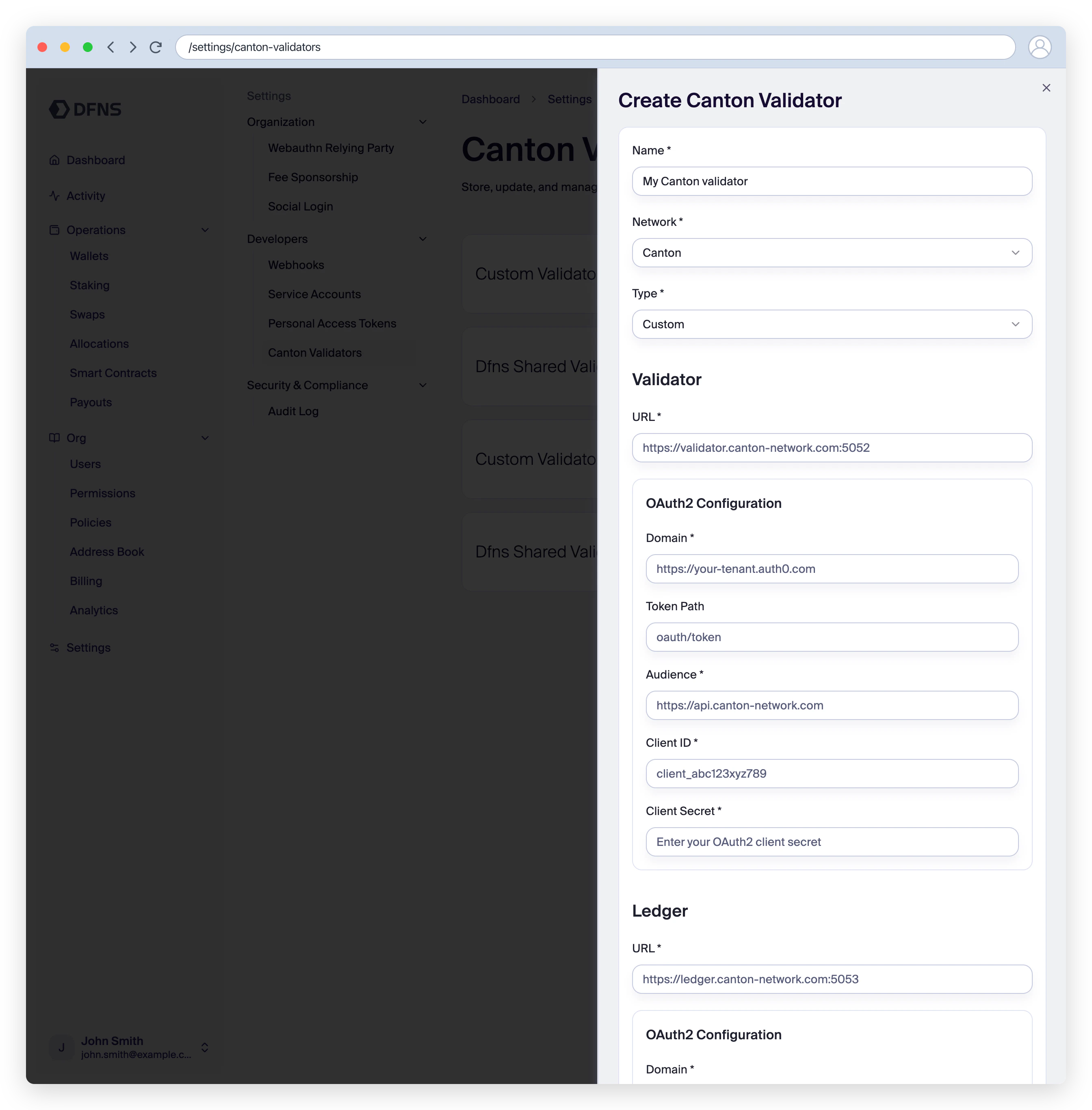 Create Canton Validator form with the Custom type, showing the validator URL and OAuth fields