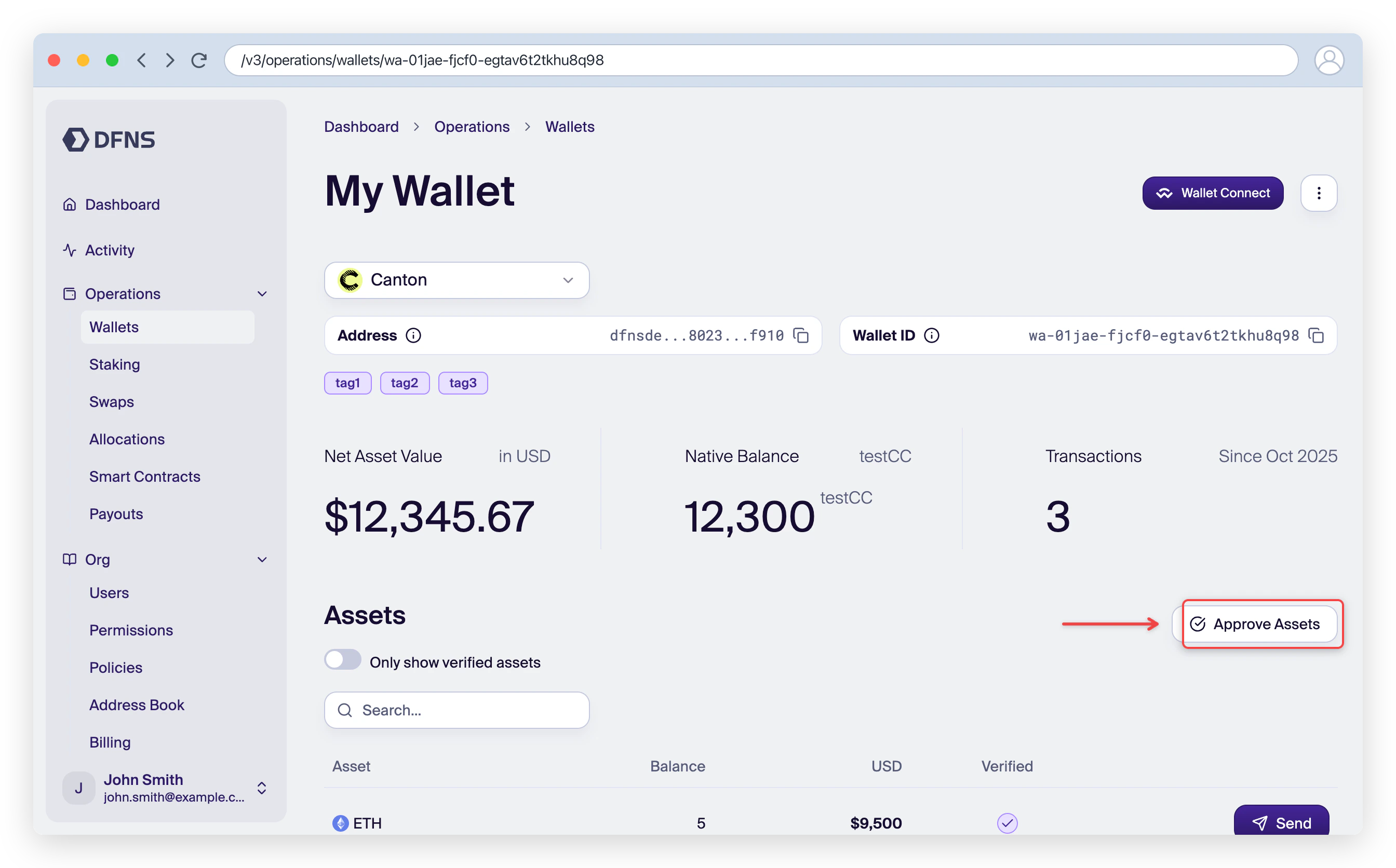 Canton wallet page with the Approve Assets button highlighted