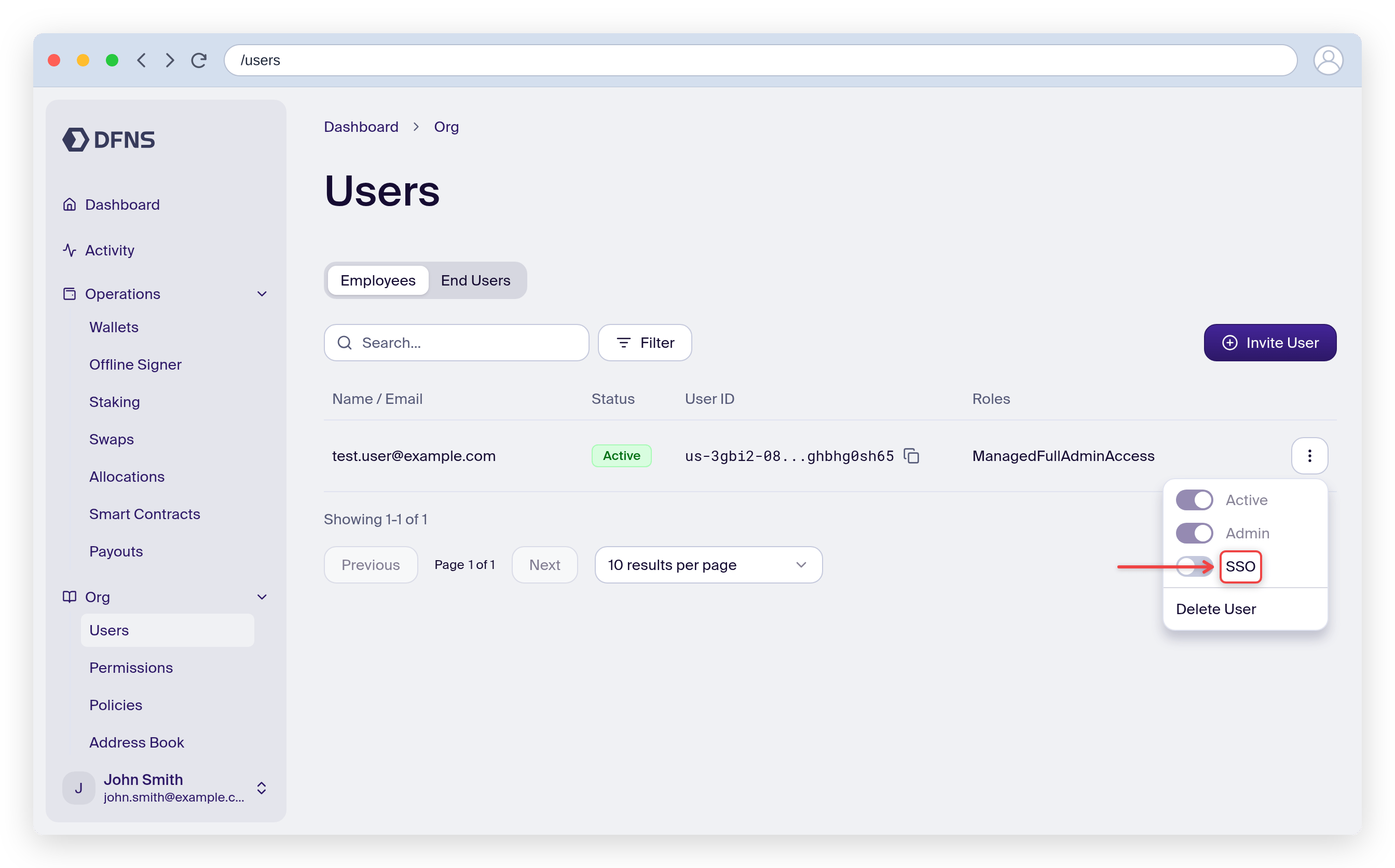 User action menu with the SSO toggle highlighted
