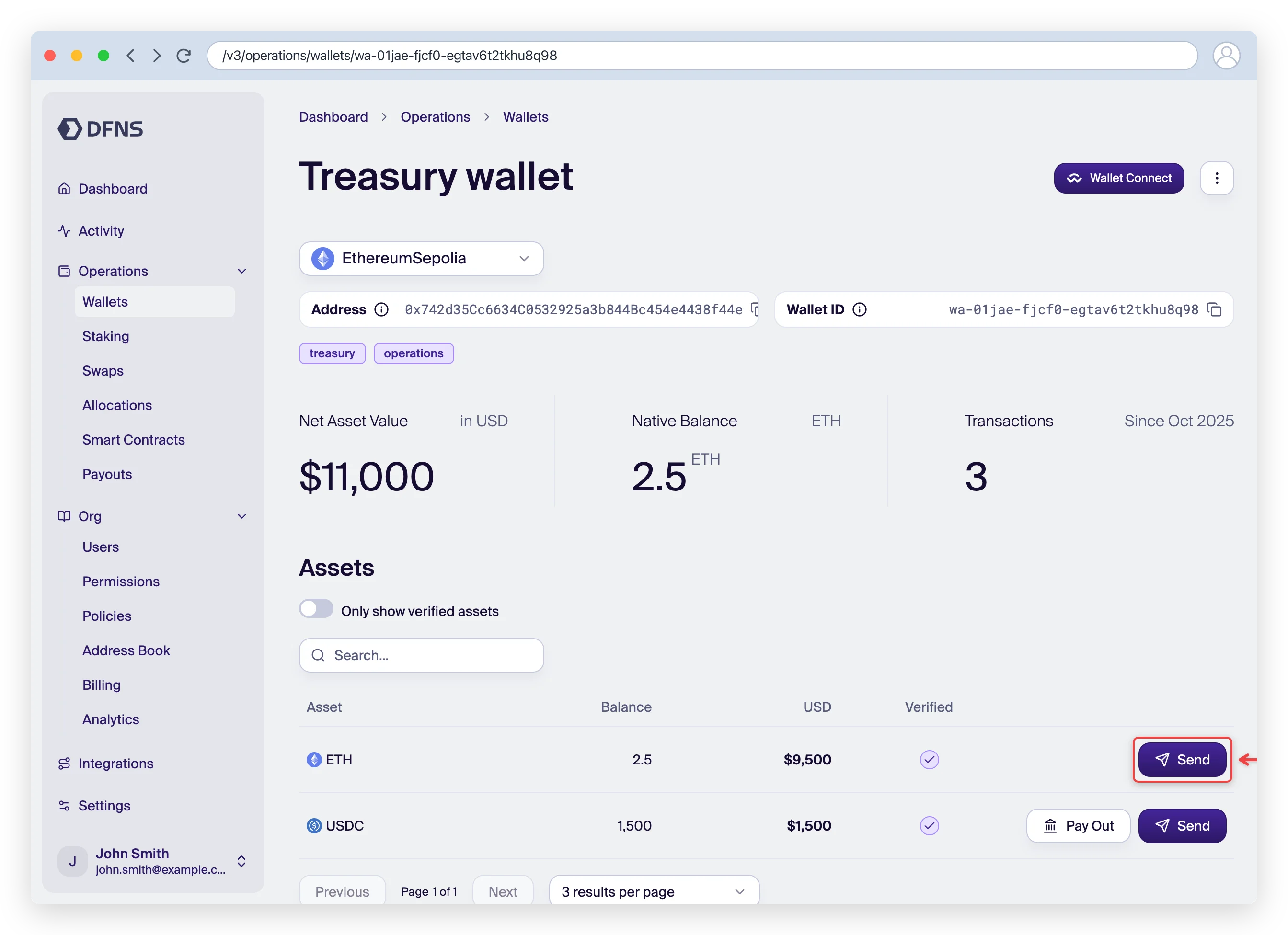 Wallet detail page with the asset Send button highlighted