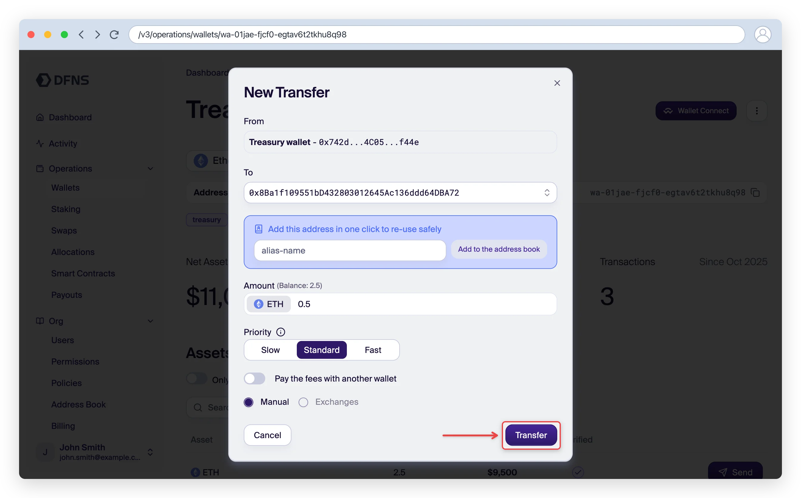 Transfer modal with recipient address and amount filled in, Transfer button highlighted