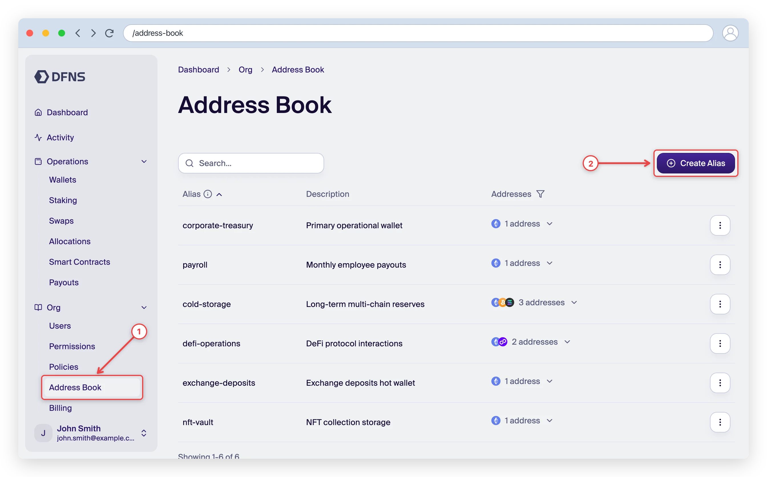 Address Book page with the sidebar entry and the Create Alias button highlighted