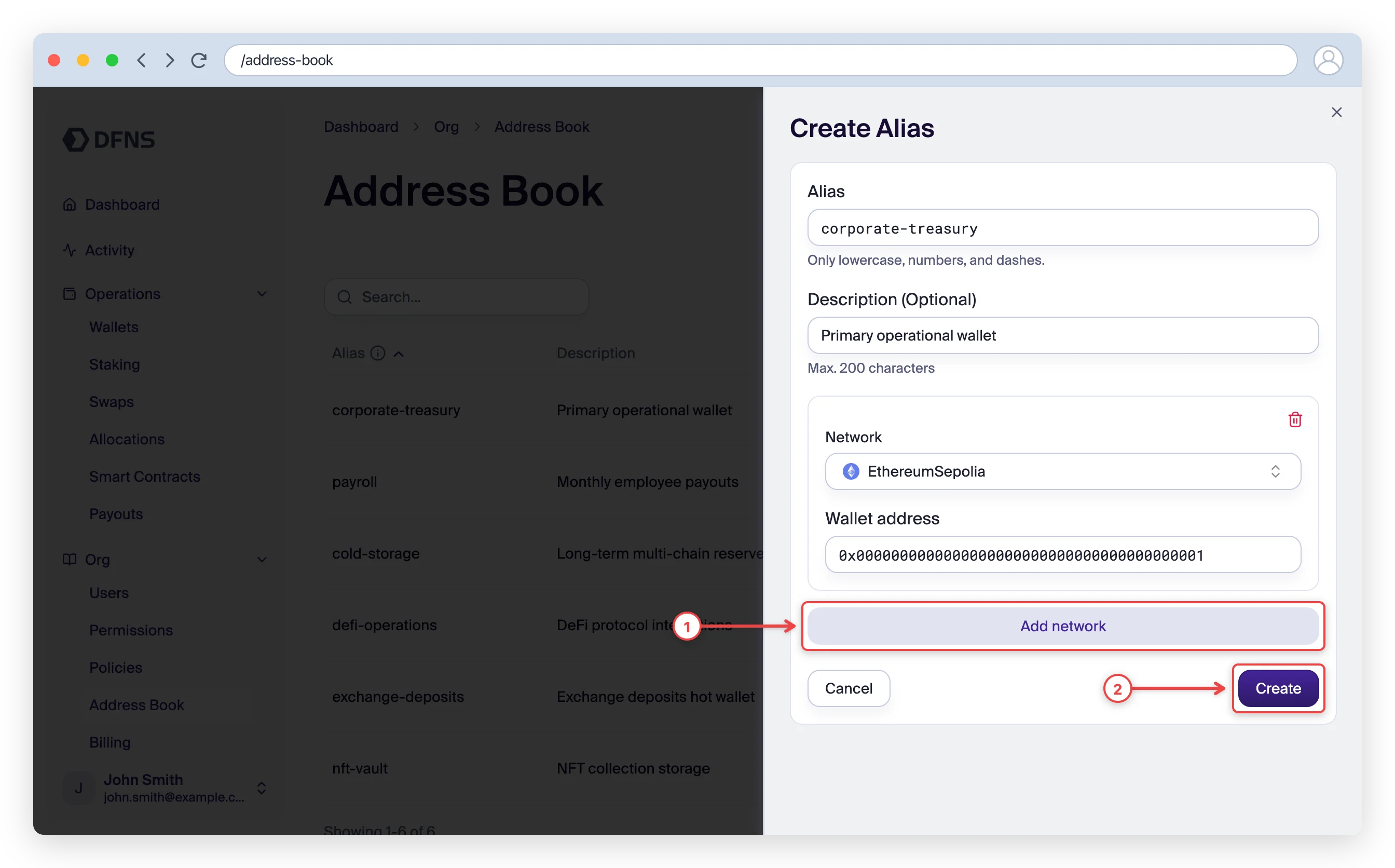 Create alias form with the Add network and Create buttons highlighted