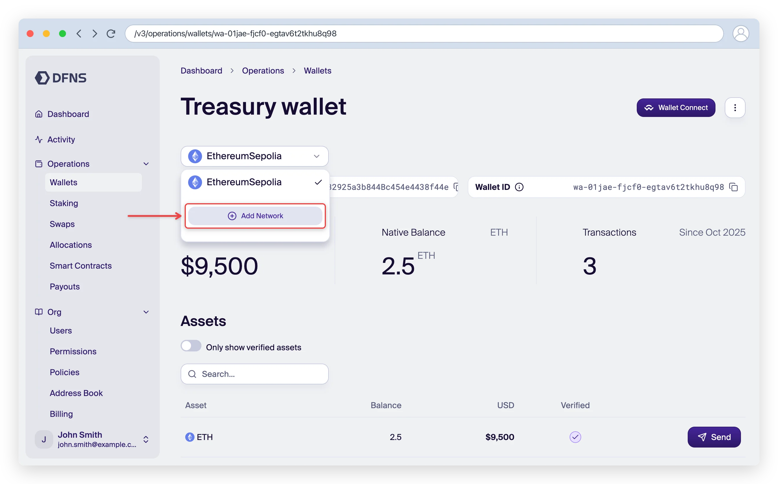 Wallet network selector with the Add Network option