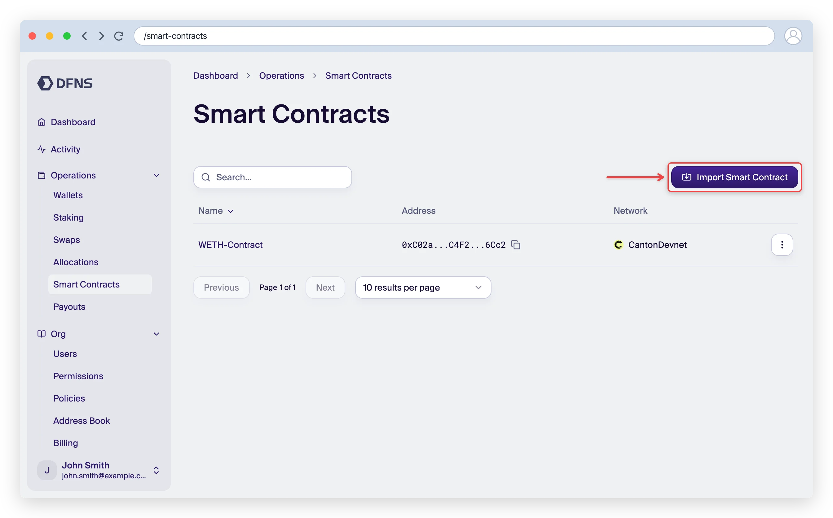 Smart Contracts page with the Import Smart Contract button highlighted