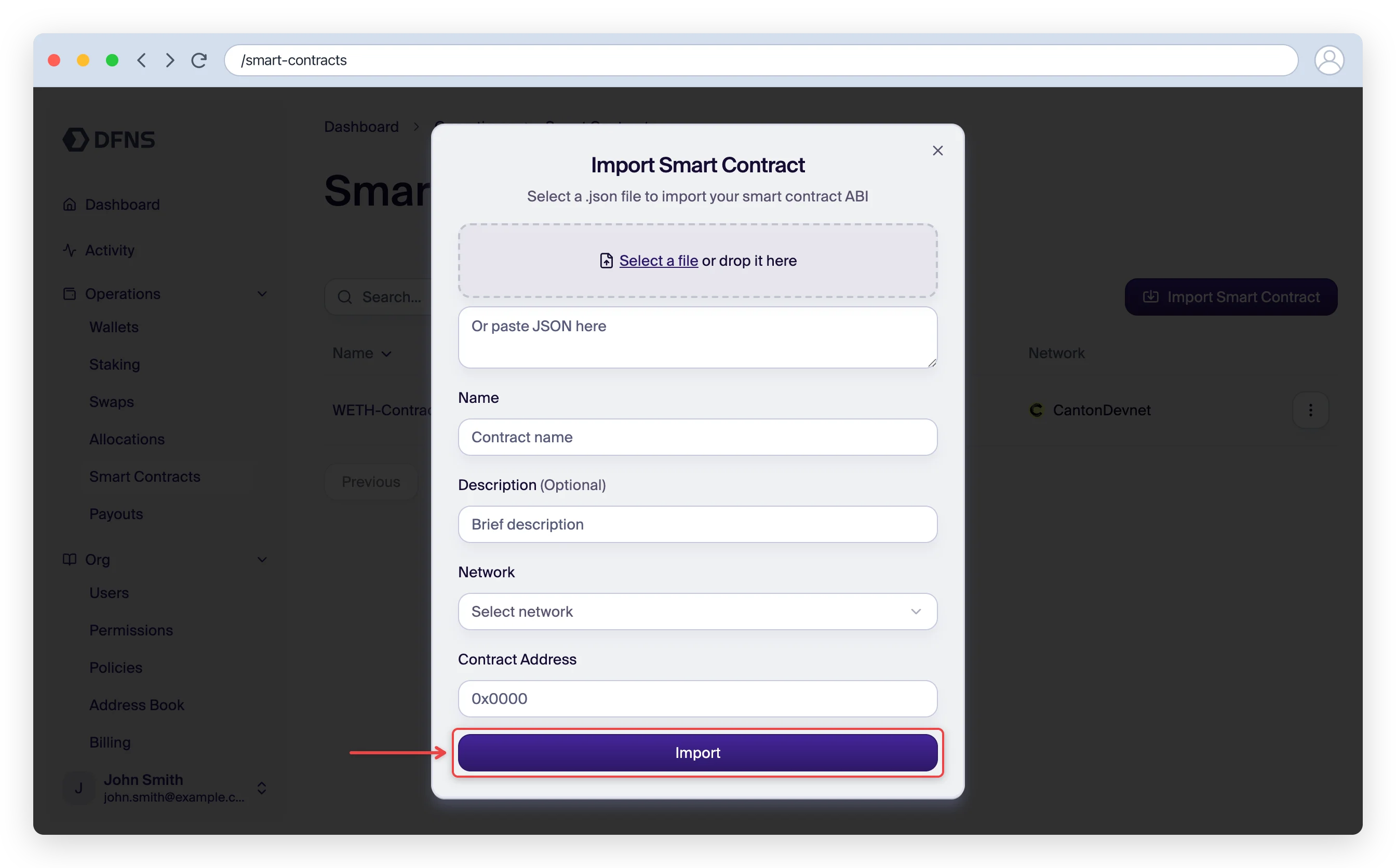 Import Smart Contract form with ABI, name, network and address fields