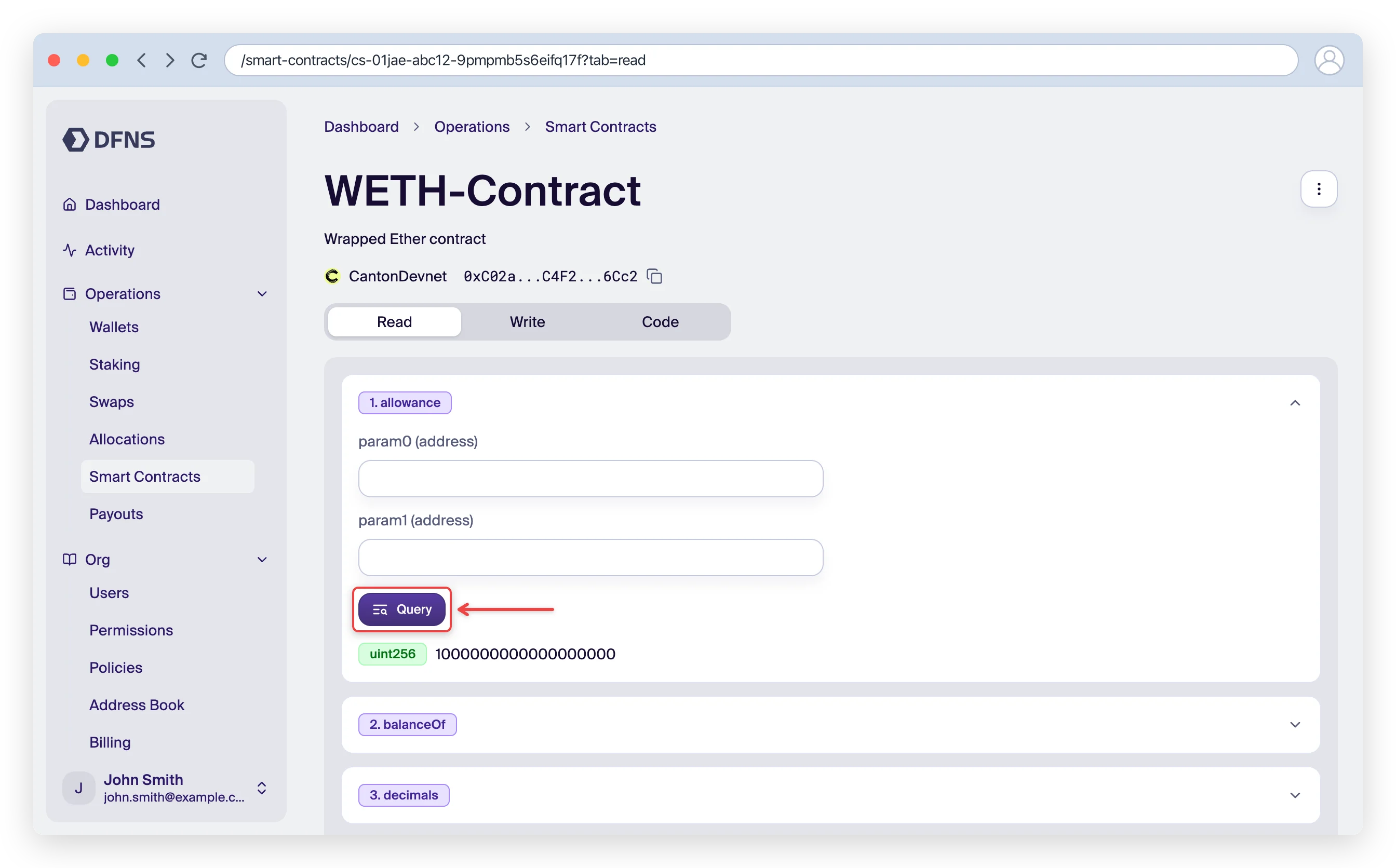 Read tab with a function expanded, the Query button and its returned result