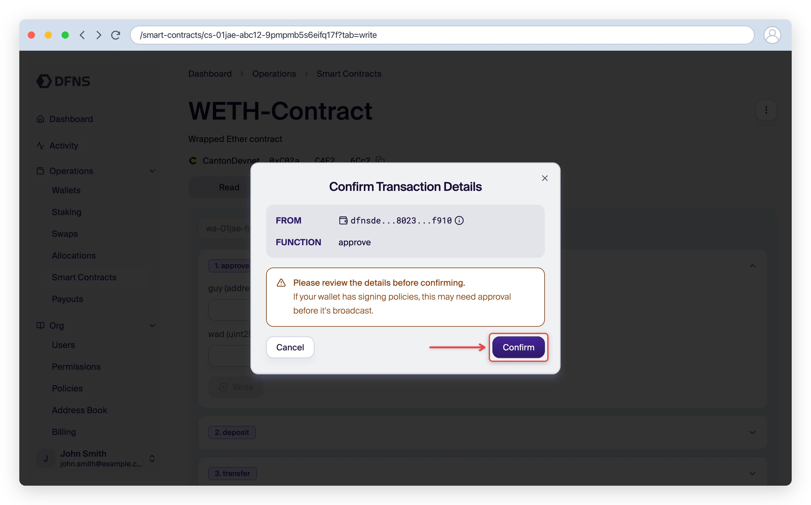 Write tab transaction confirmation dialog with the Confirm button
