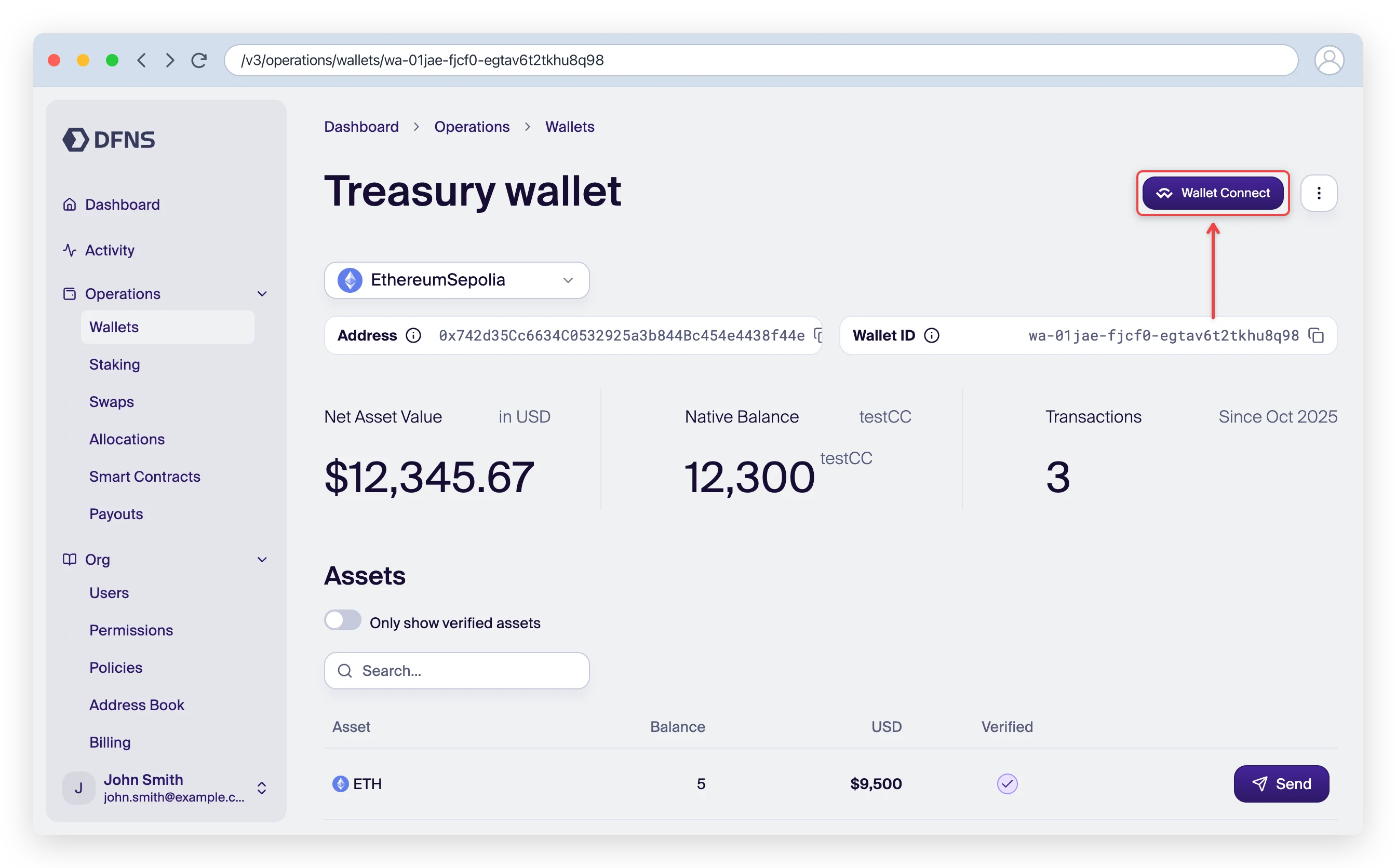 Wallet page with the WalletConnect button highlighted