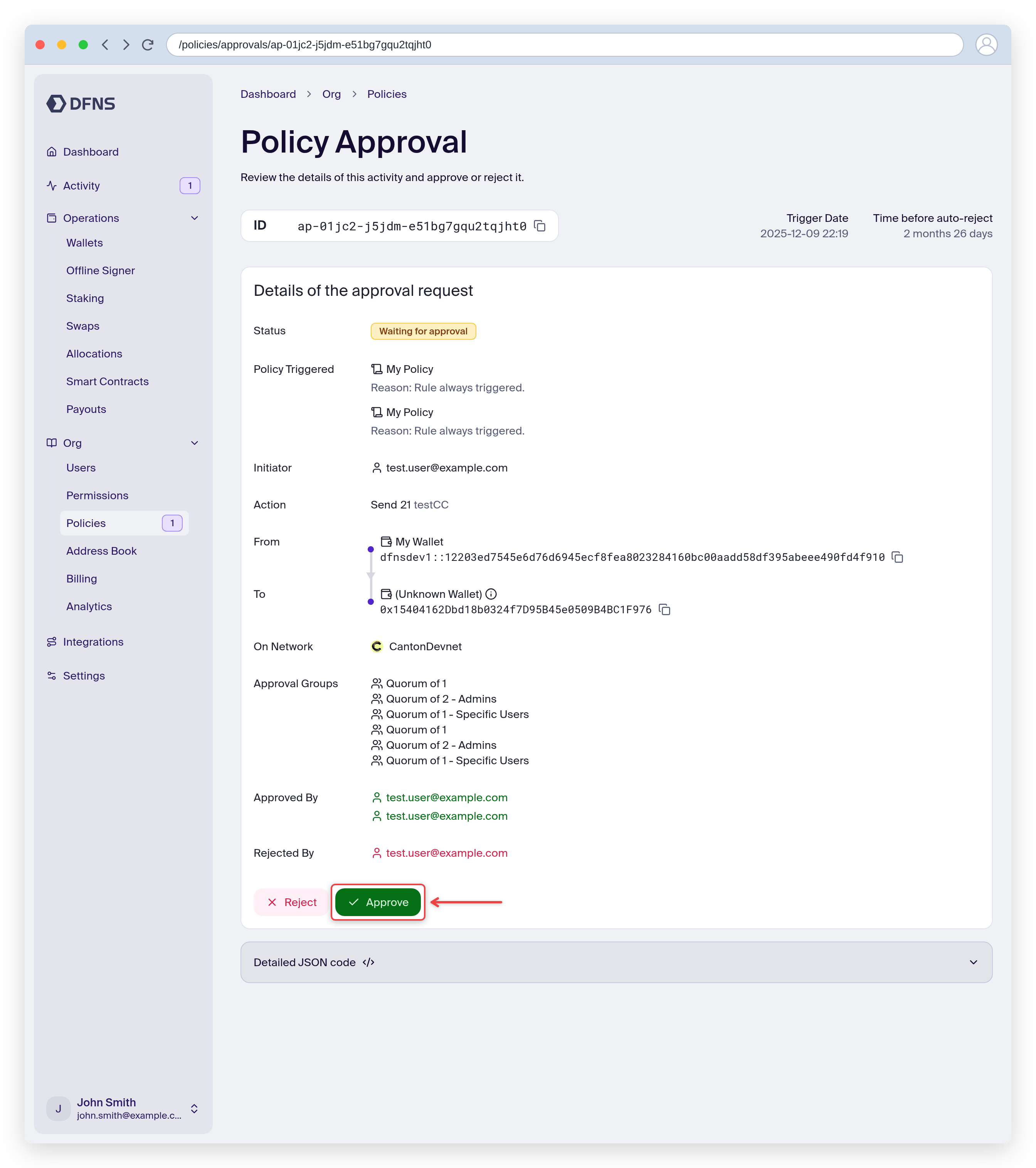 Approval detail page showing the transaction details with the Approve and Reject buttons