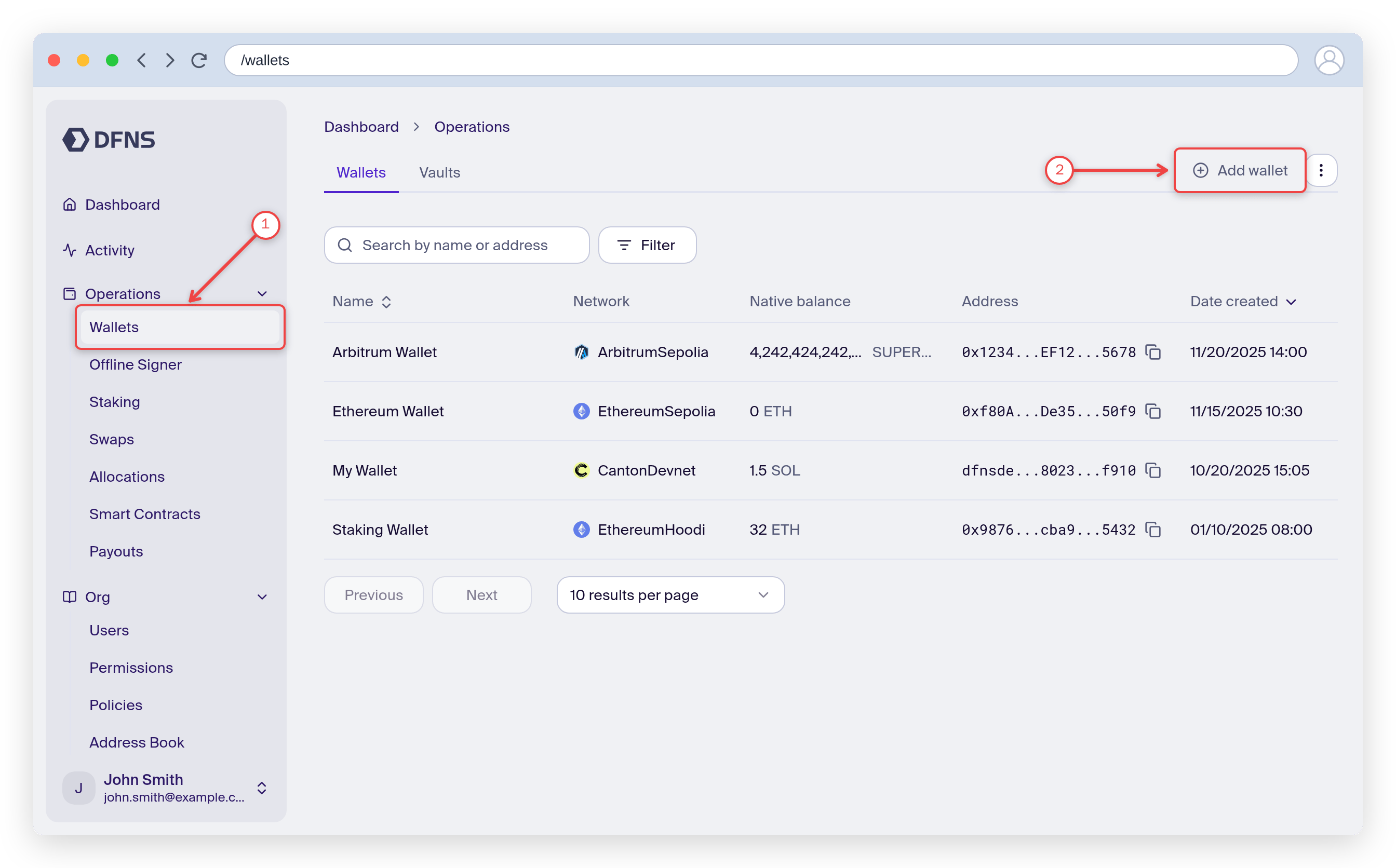 Wallets page with the Wallets menu item and the Create Wallet button highlighted