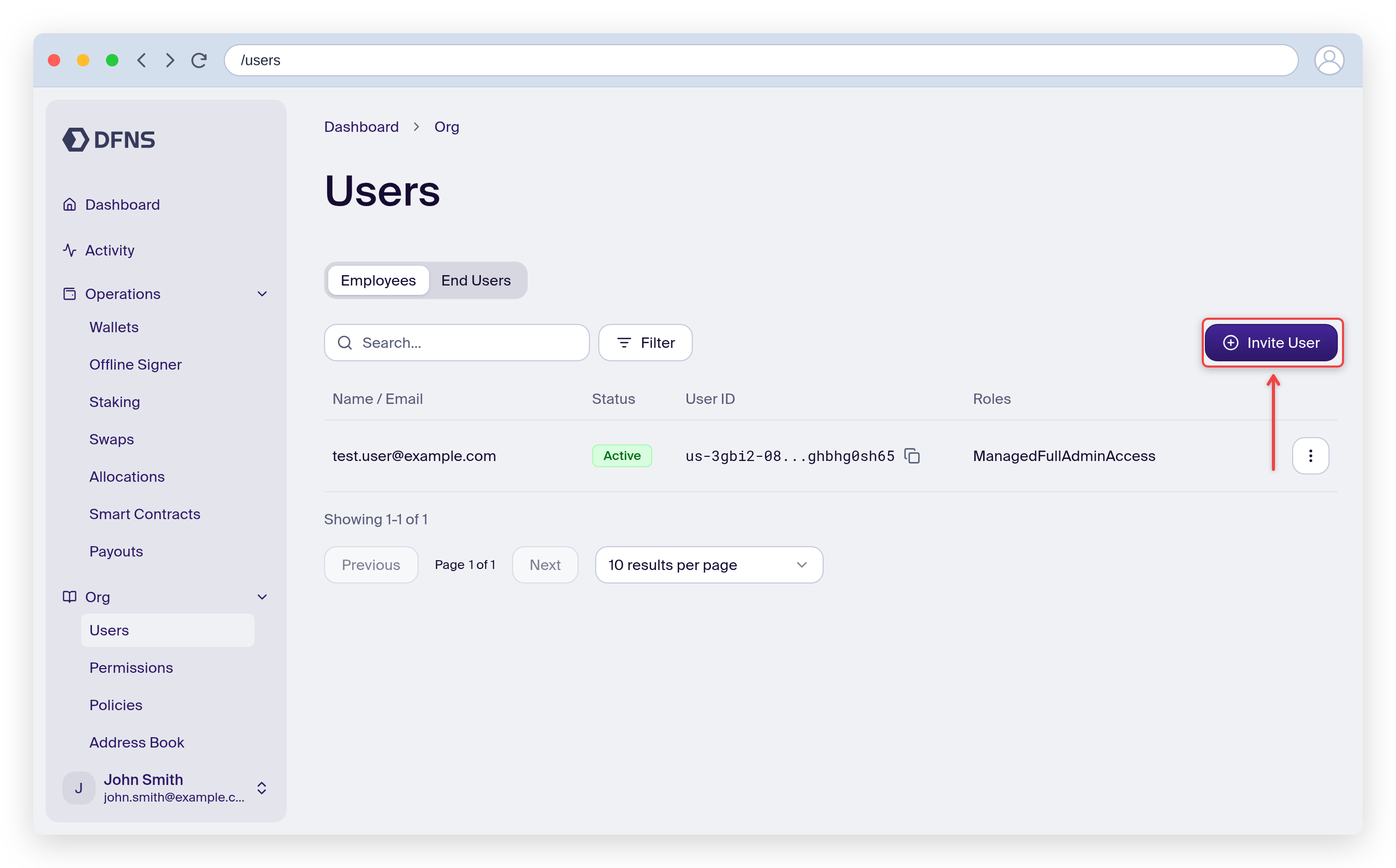 Users page showing you as the only user, with the Invite User button highlighted