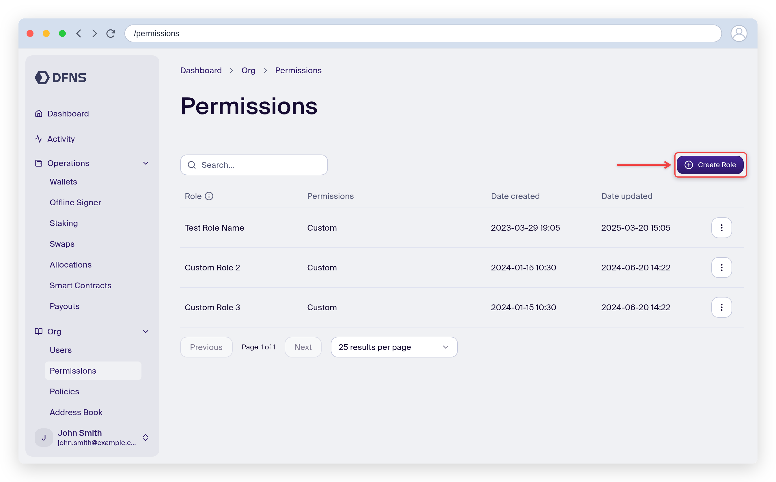 Permissions page with the Create Role button highlighted