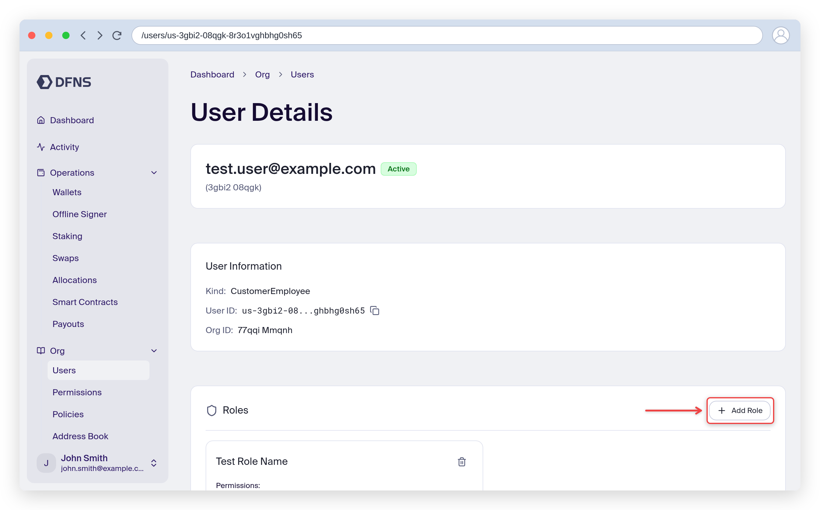 User details page with the Add Role button highlighted