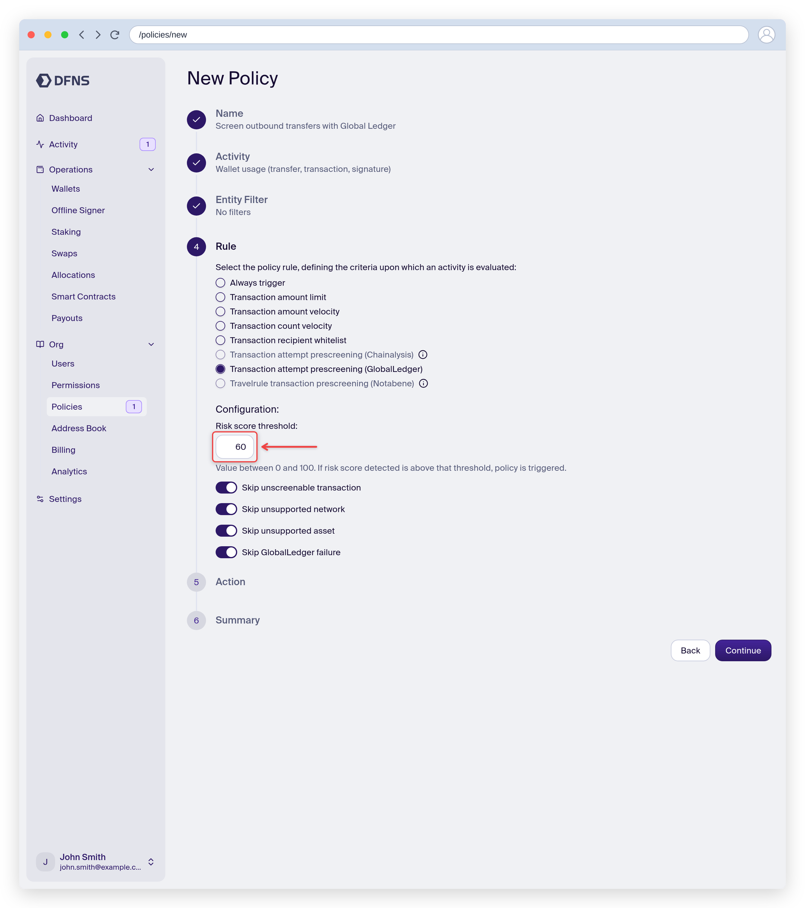 Policy rule set to Global Ledger prescreening with a risk score threshold