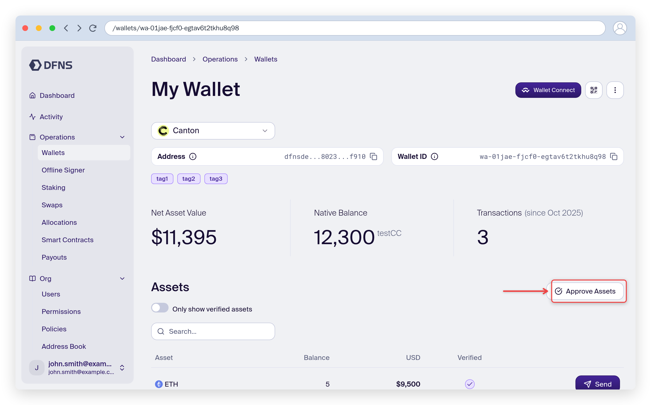 Canton wallet page with the Approve Assets button highlighted
