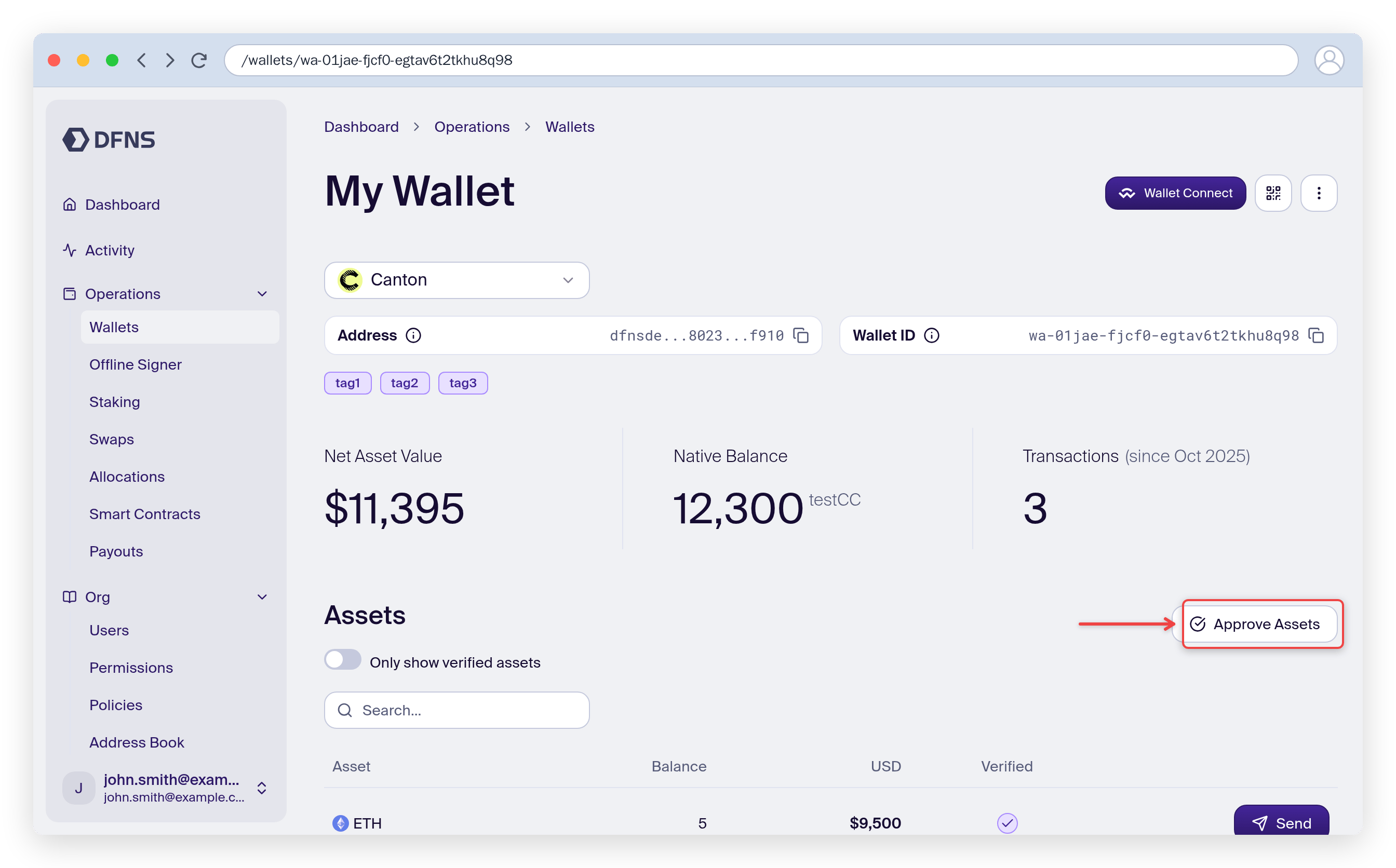 Canton wallet page with the Approve Assets button highlighted