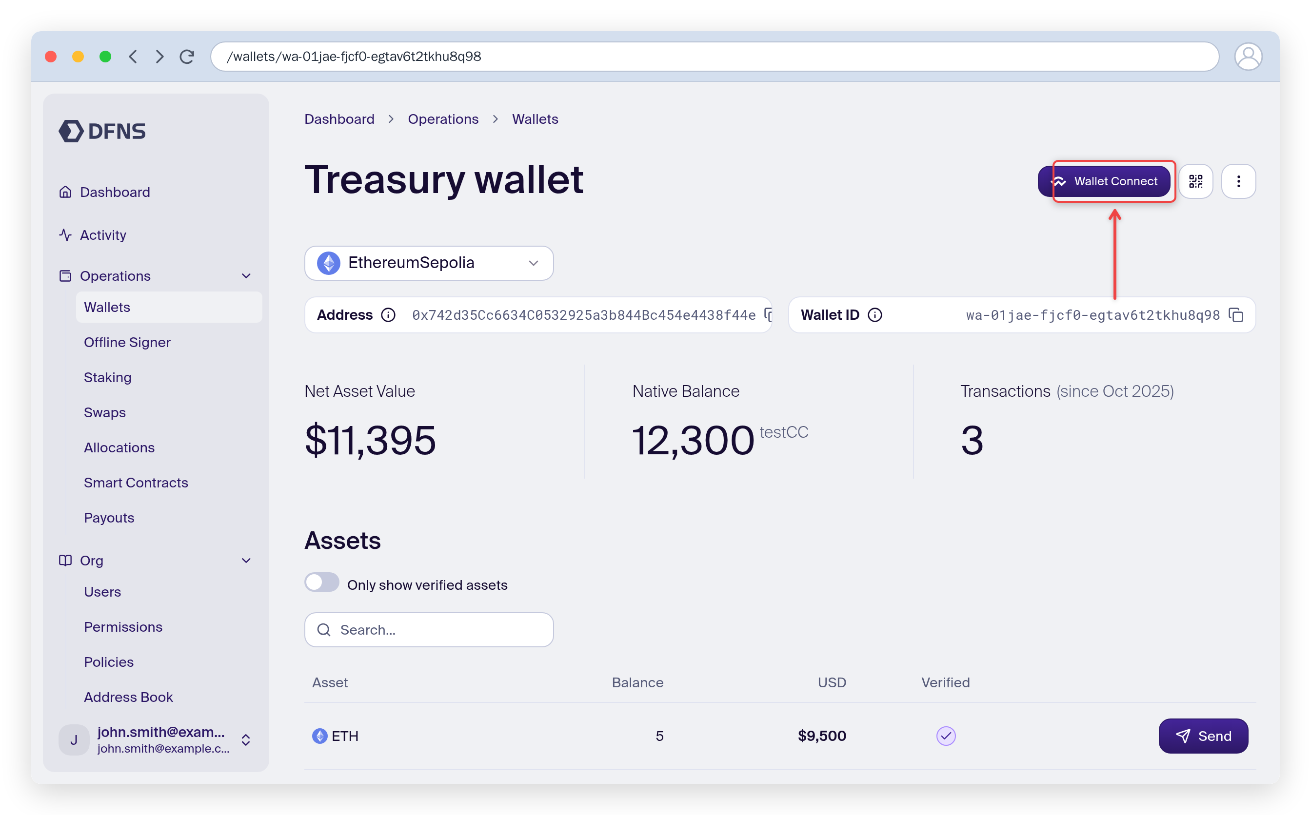 Wallet page with the WalletConnect button highlighted
