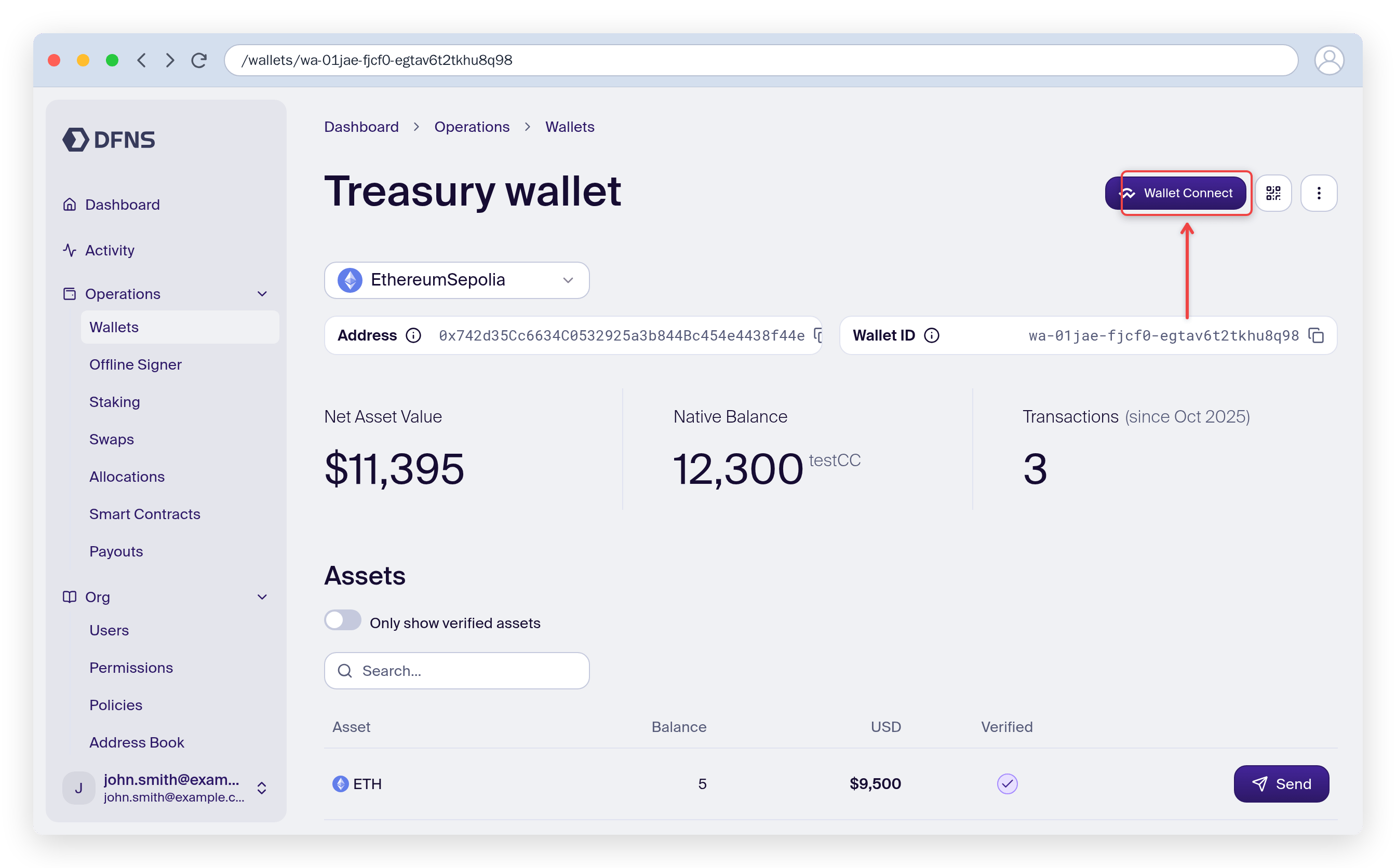 Wallet page with the WalletConnect button highlighted