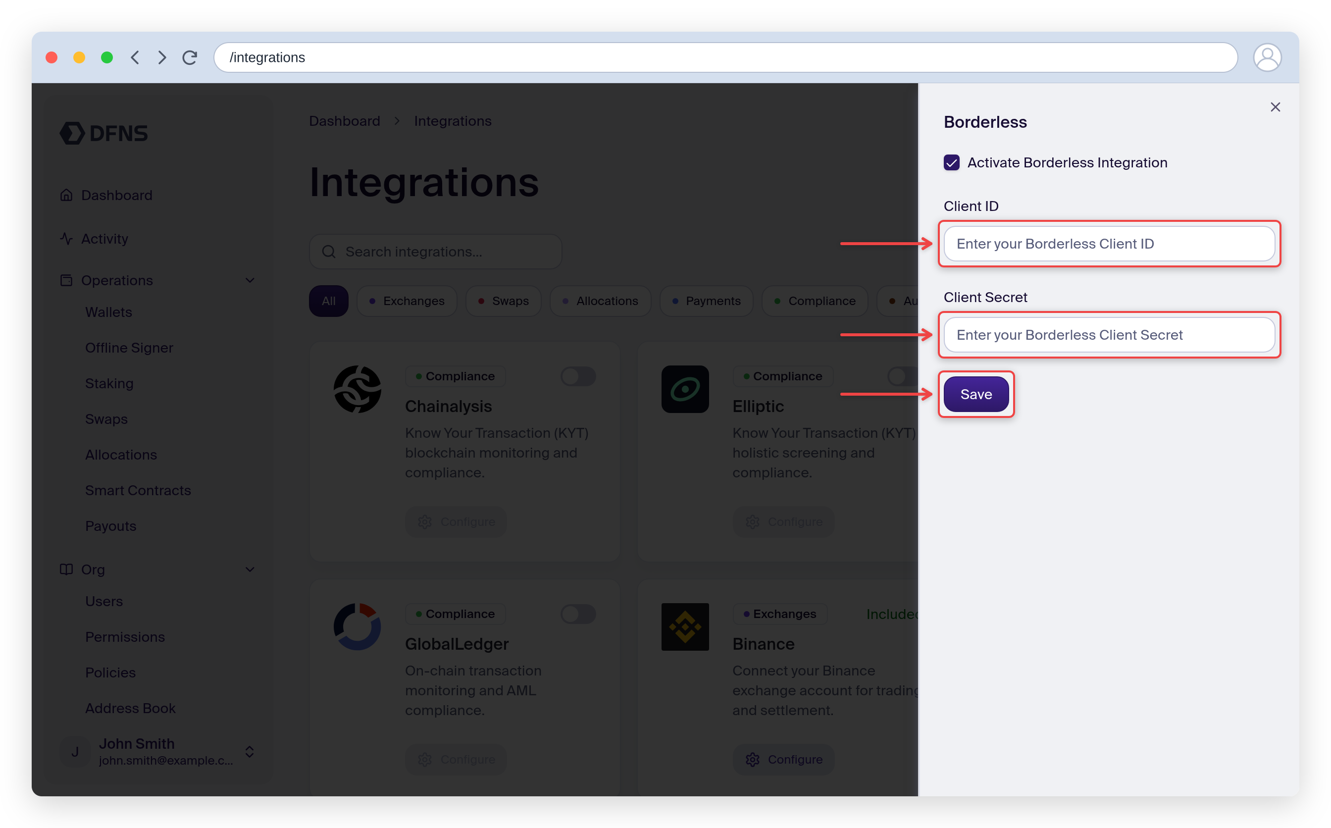 Borderless integration settings with the Client ID and Client Secret fields