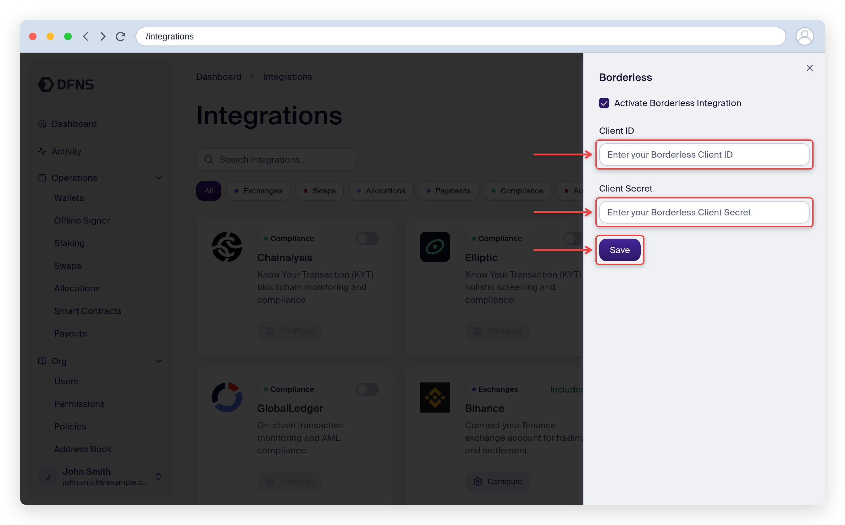 Borderless integration settings with the Client ID and Client Secret fields