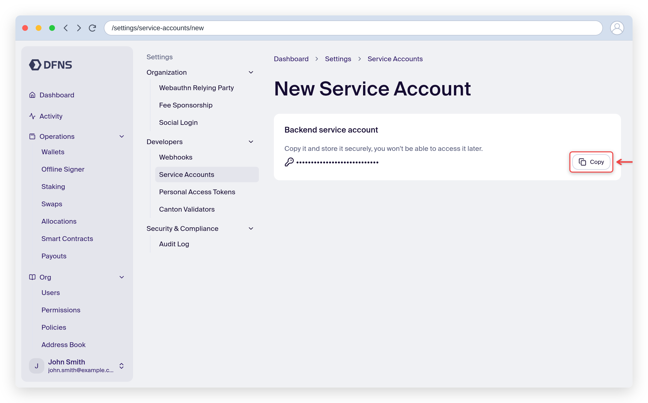 Service account creation showing the masked authentication token with a Copy button