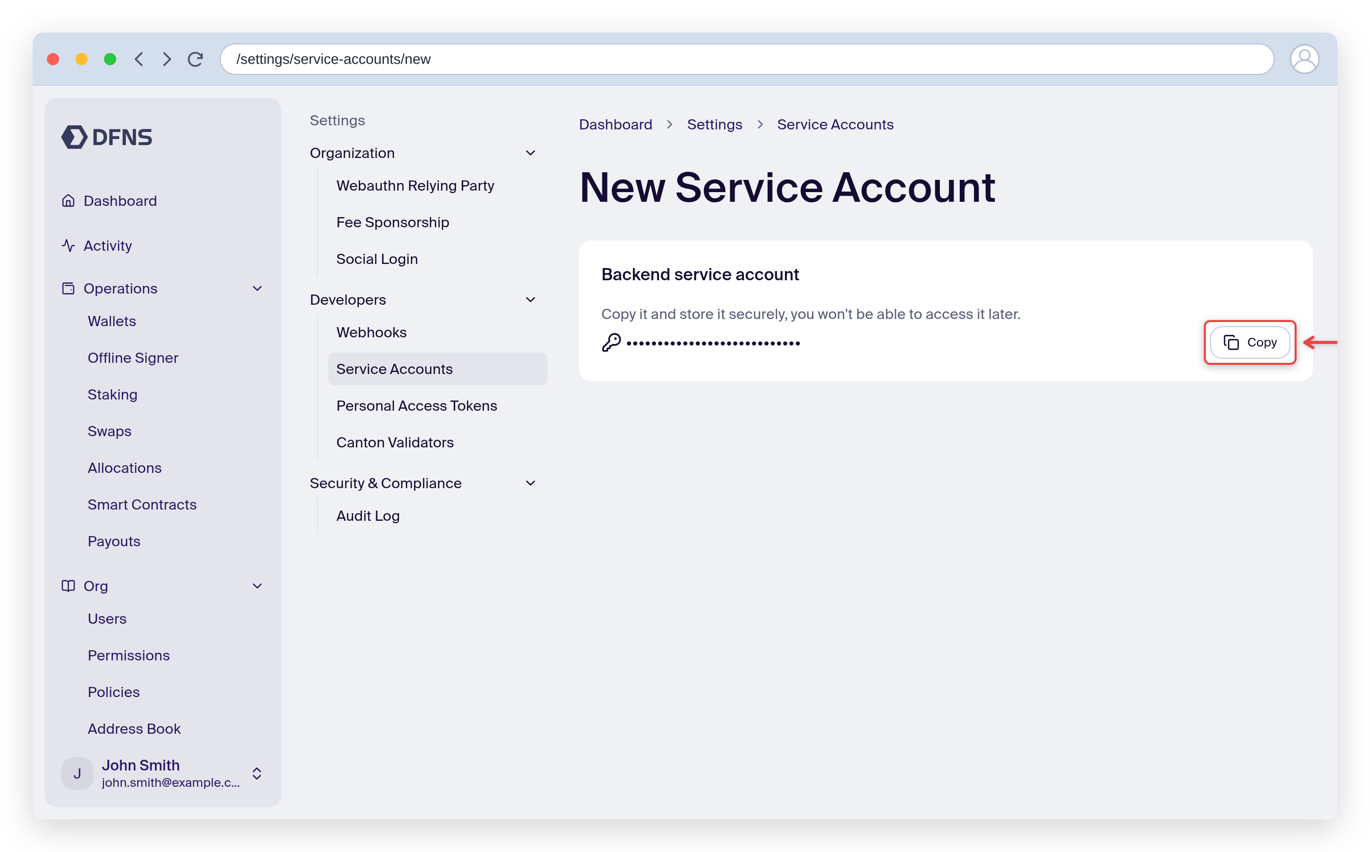 Service account creation showing the masked authentication token with a Copy button