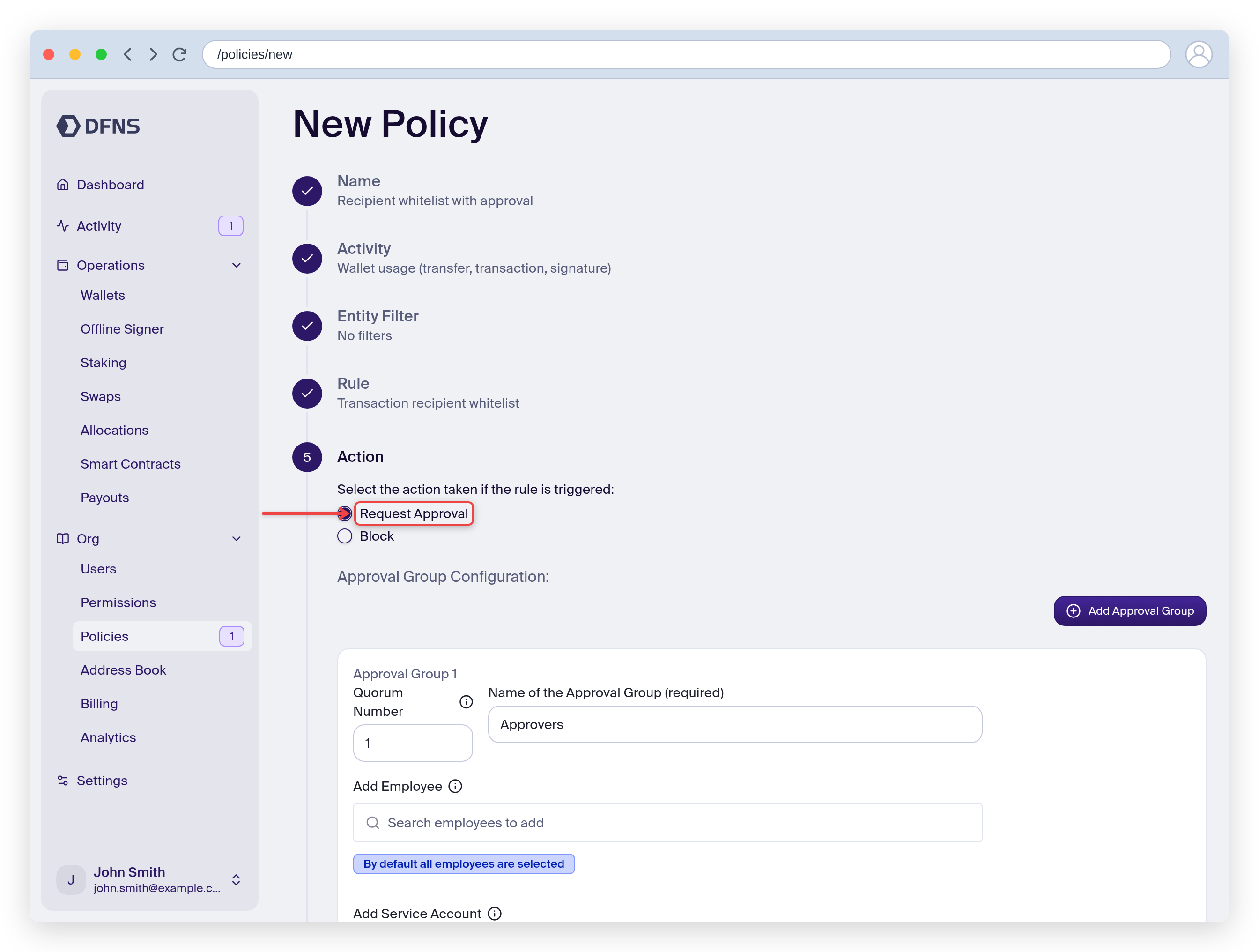 Policy wizard Action step with Request Approval and an approval group