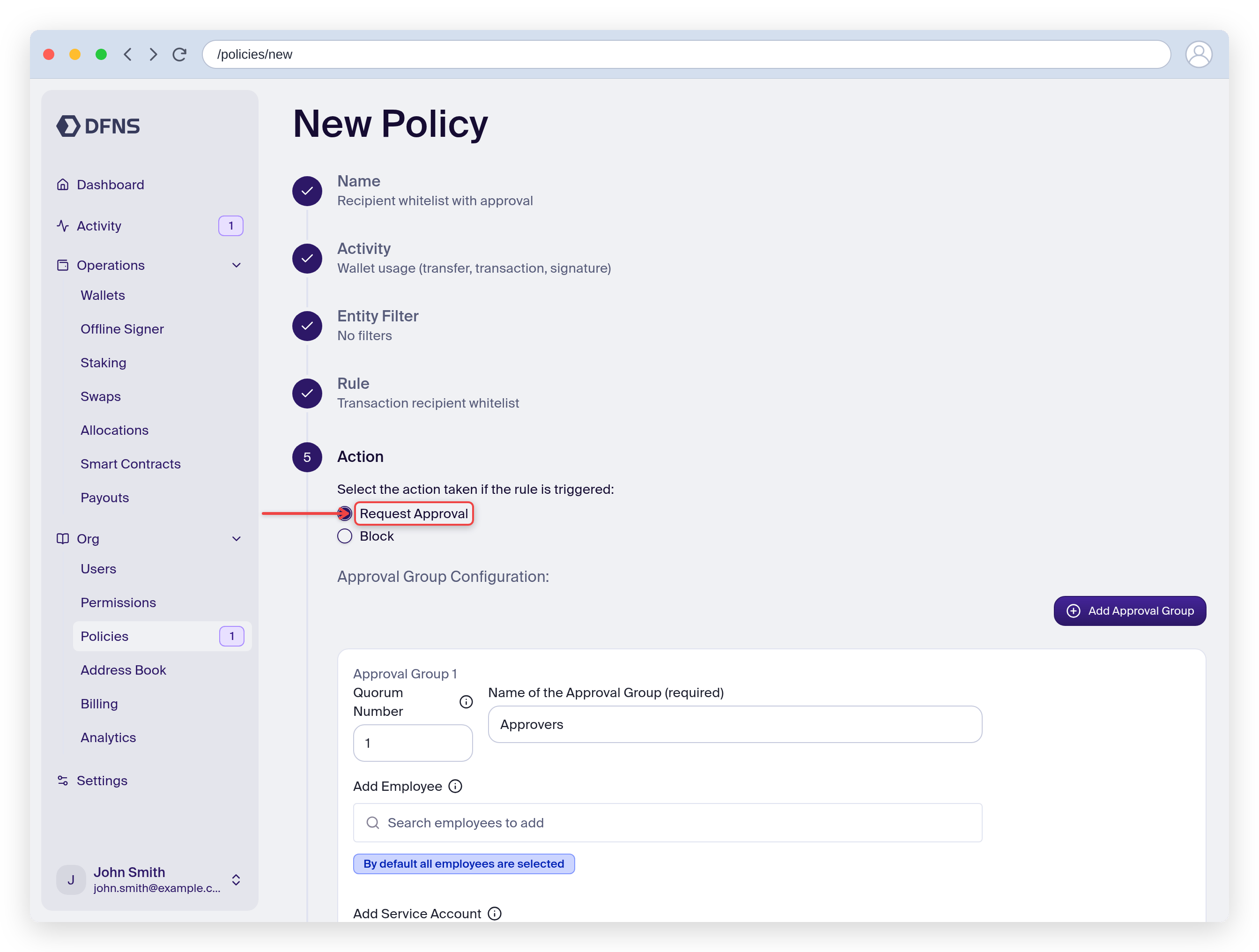 Policy wizard Action step with Request Approval and an approval group